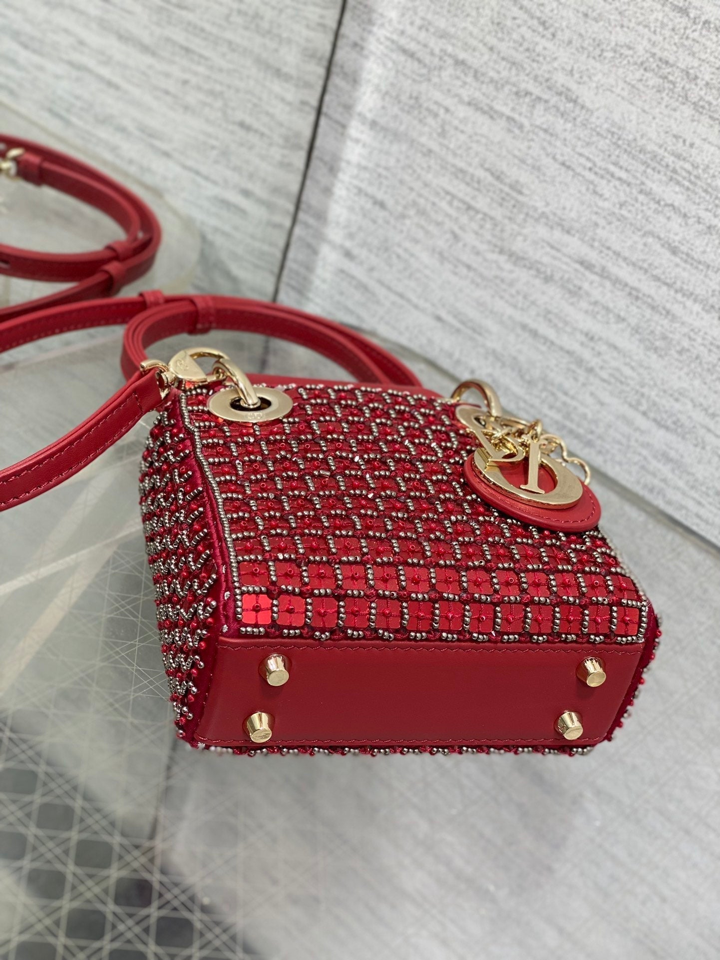 Luxury DiorLady Micro Bag 10cm Red Fabric Embelished Bead