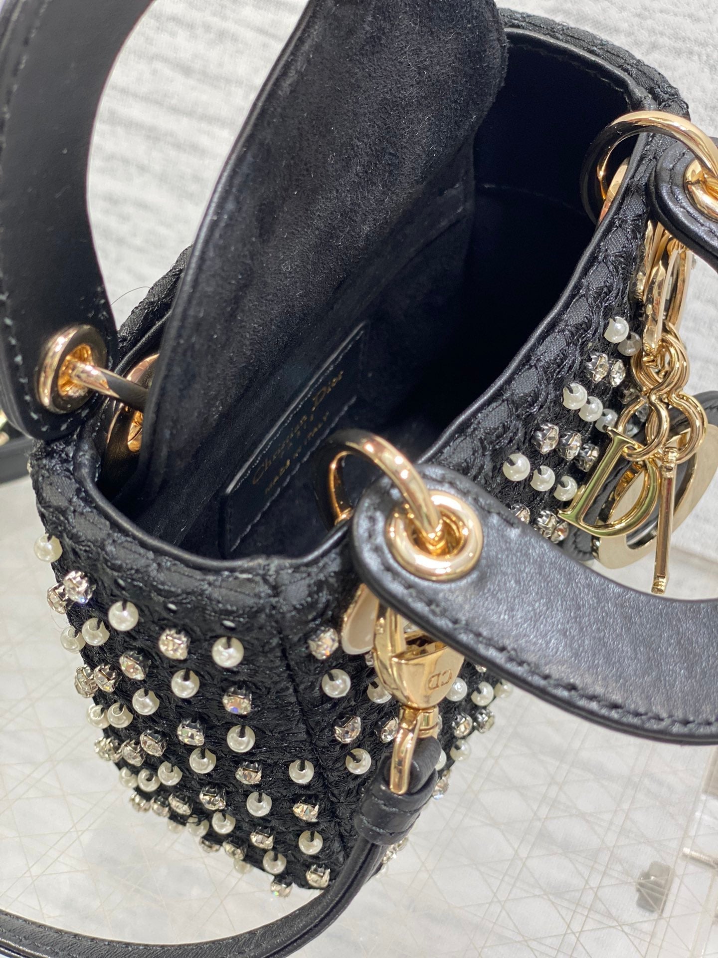 Luxury DiorLady Micro Bag 10cm Black Canvas Diamond Pearl