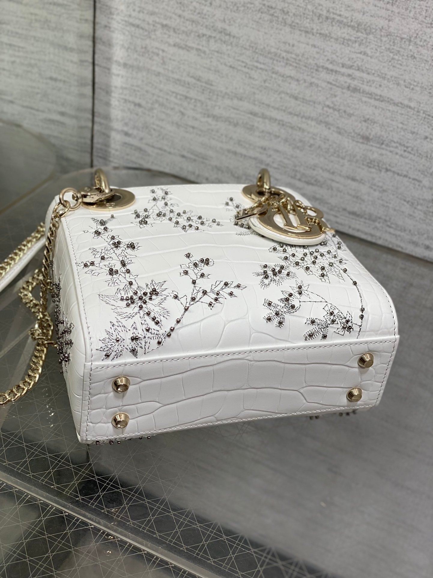 Luxury DiorLady Bag 17cm White Crocodile Leather Light Gold Hardware