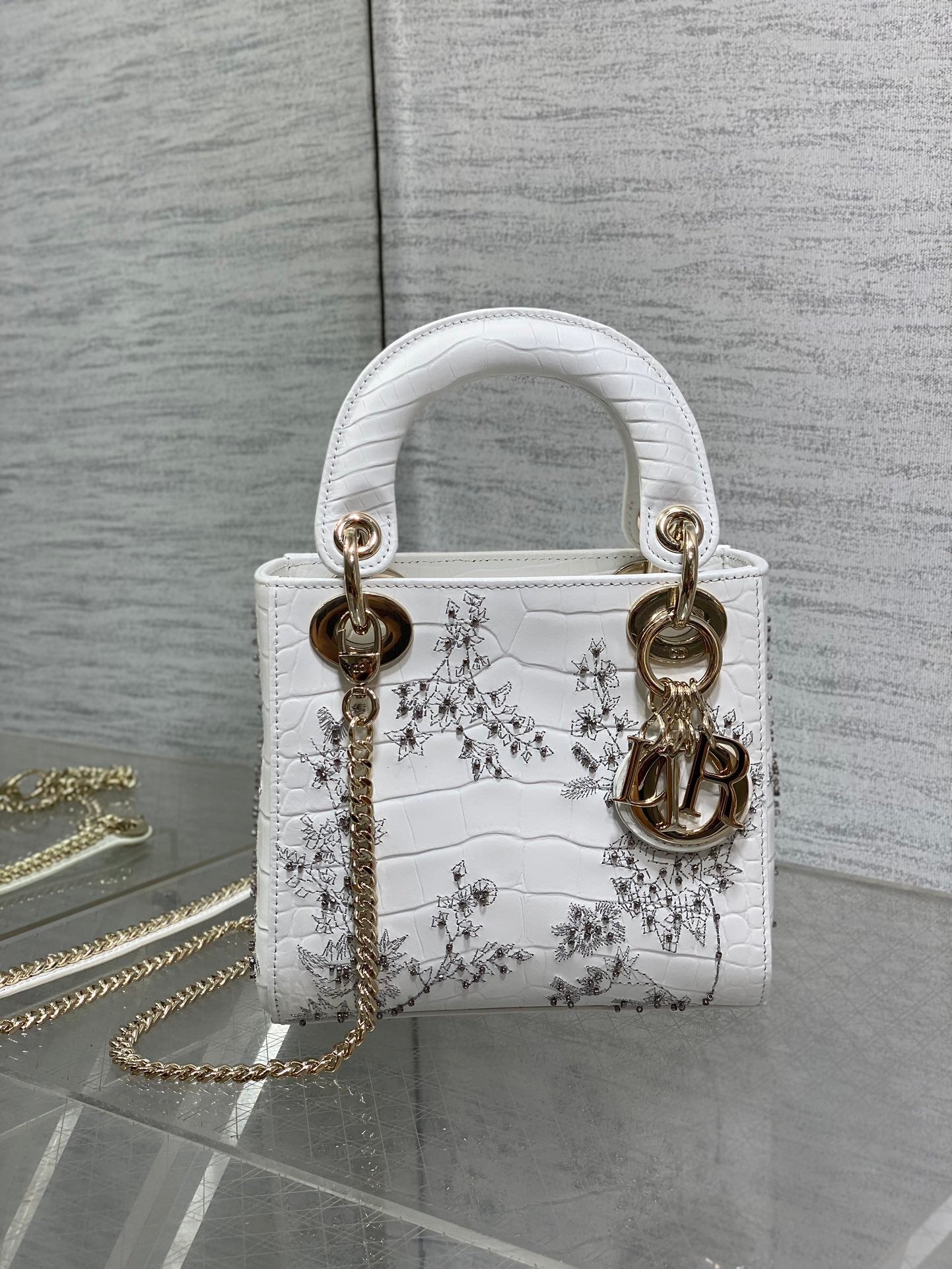 Luxury DiorLady Bag 17cm White Crocodile Leather Light Gold Hardware