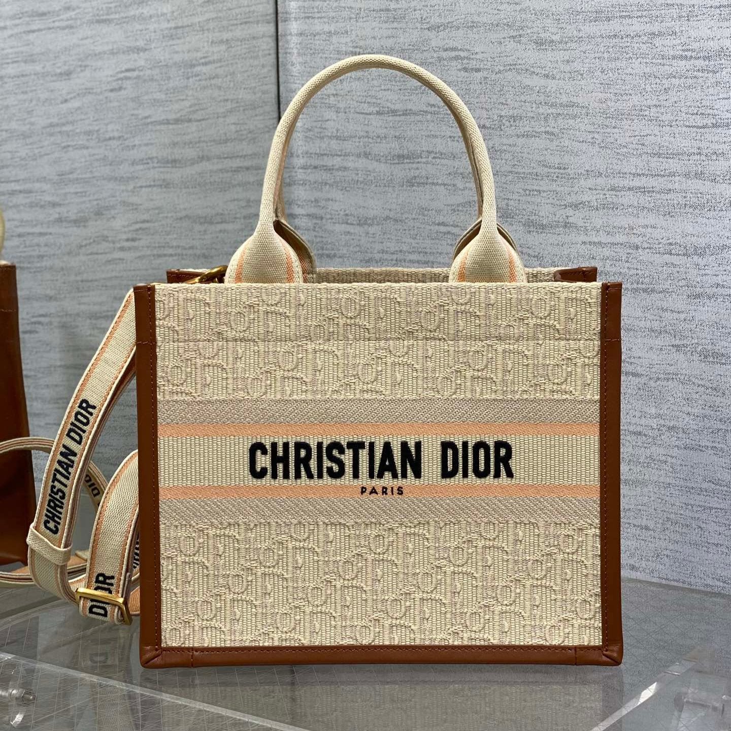 Luxury DiorSmall Book Tote 27 Beige Oblique Embroidered Raffia Camel Calfskin