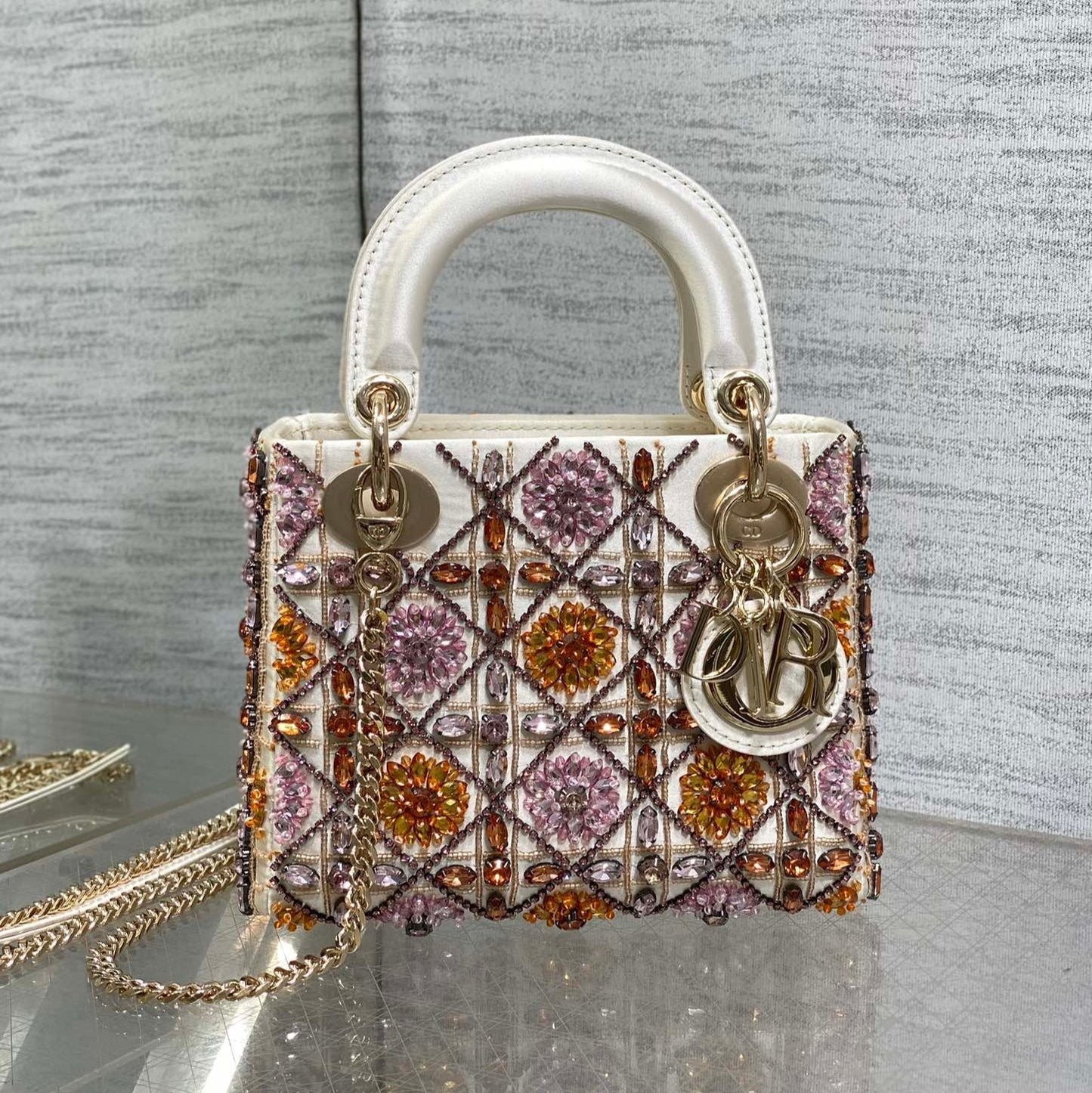 Luxury DiorLady 17cm White Canvas Crystal Embellished