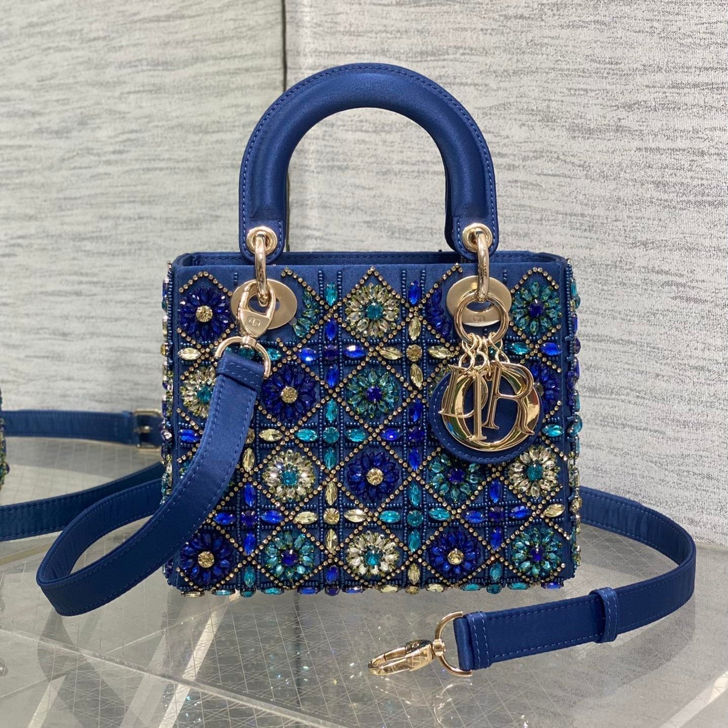 Luxury DiorLady Bag 20cm Blue Lambskin Crystal Embellished