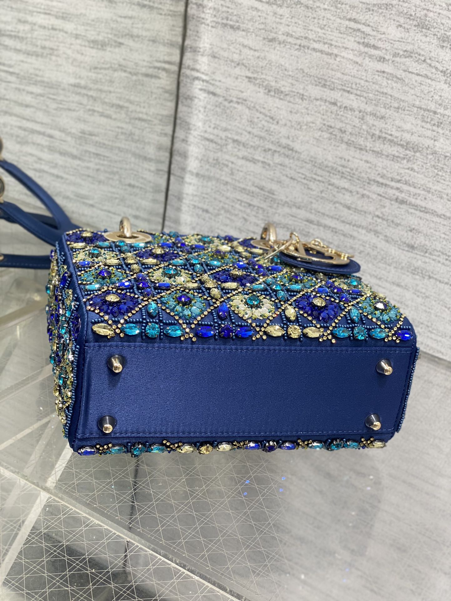 Luxury DiorLady Bag 20cm Blue Lambskin Crystal Embellished