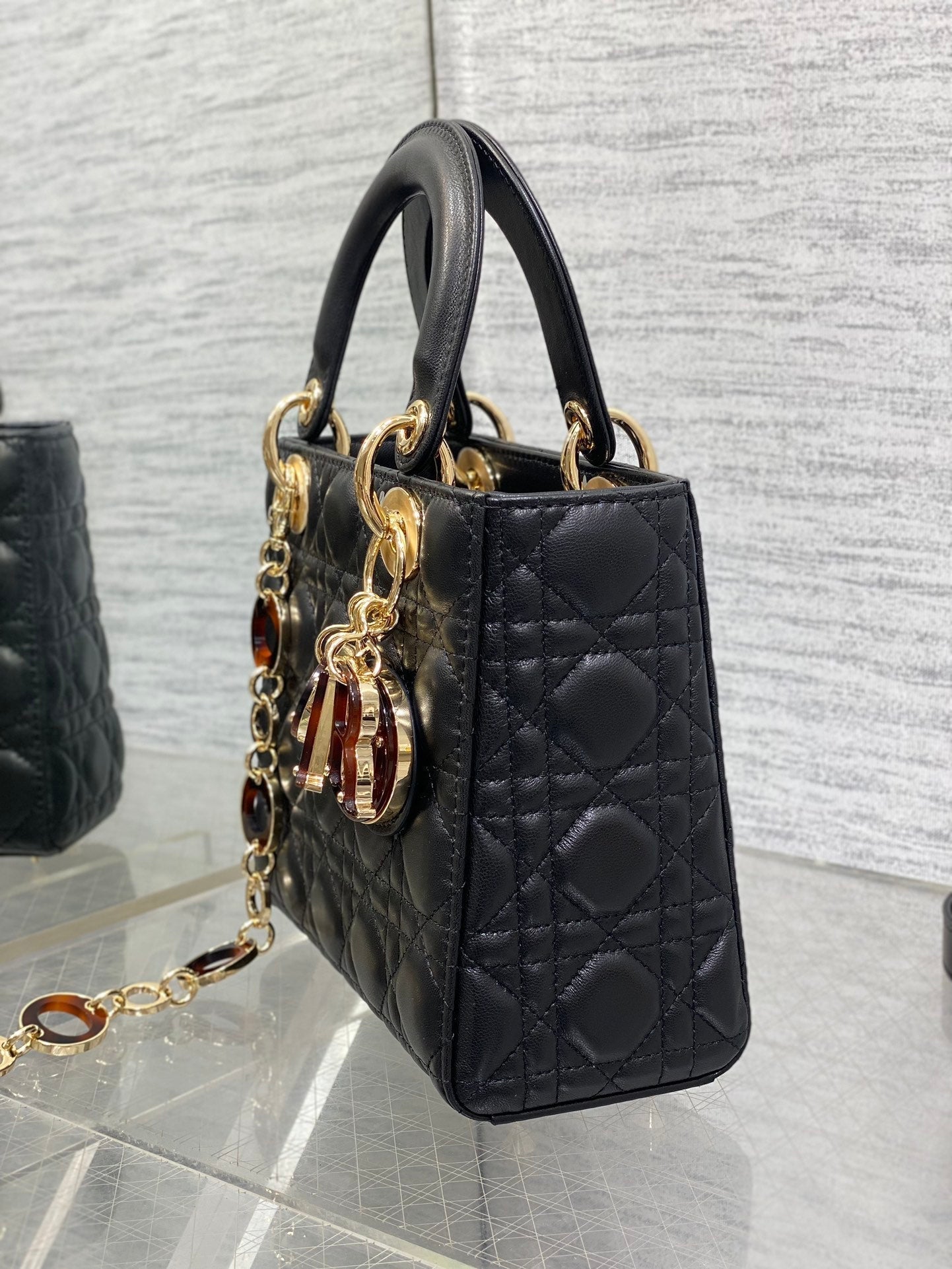 Luxury DiorLady Bag 20cm Black Lambskin Brown Charm
