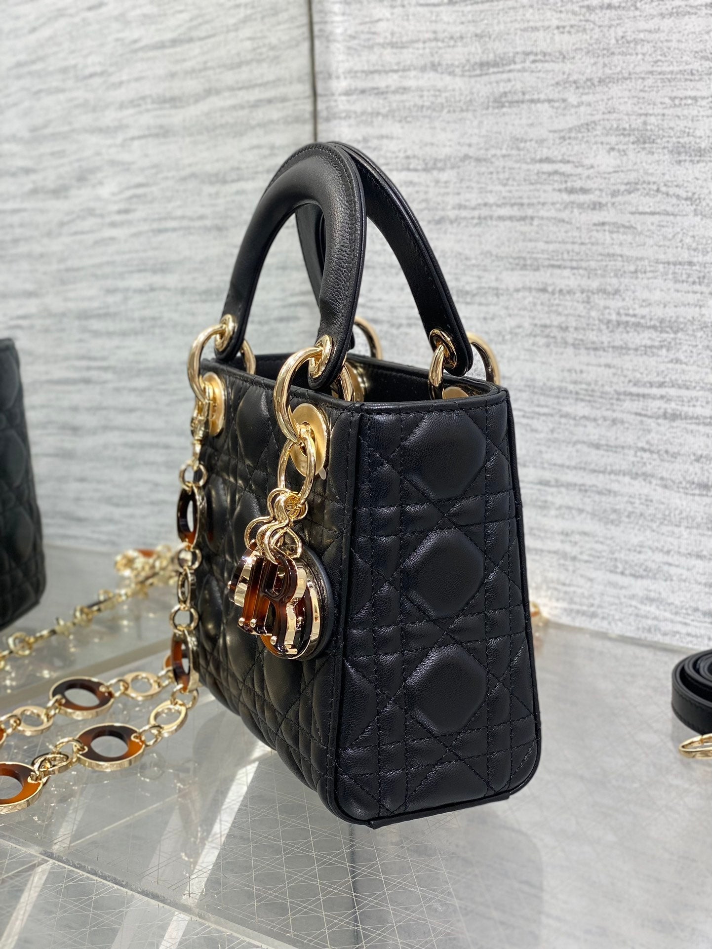Luxury DiorLady 17cm Black Lambskin Brown Charm
