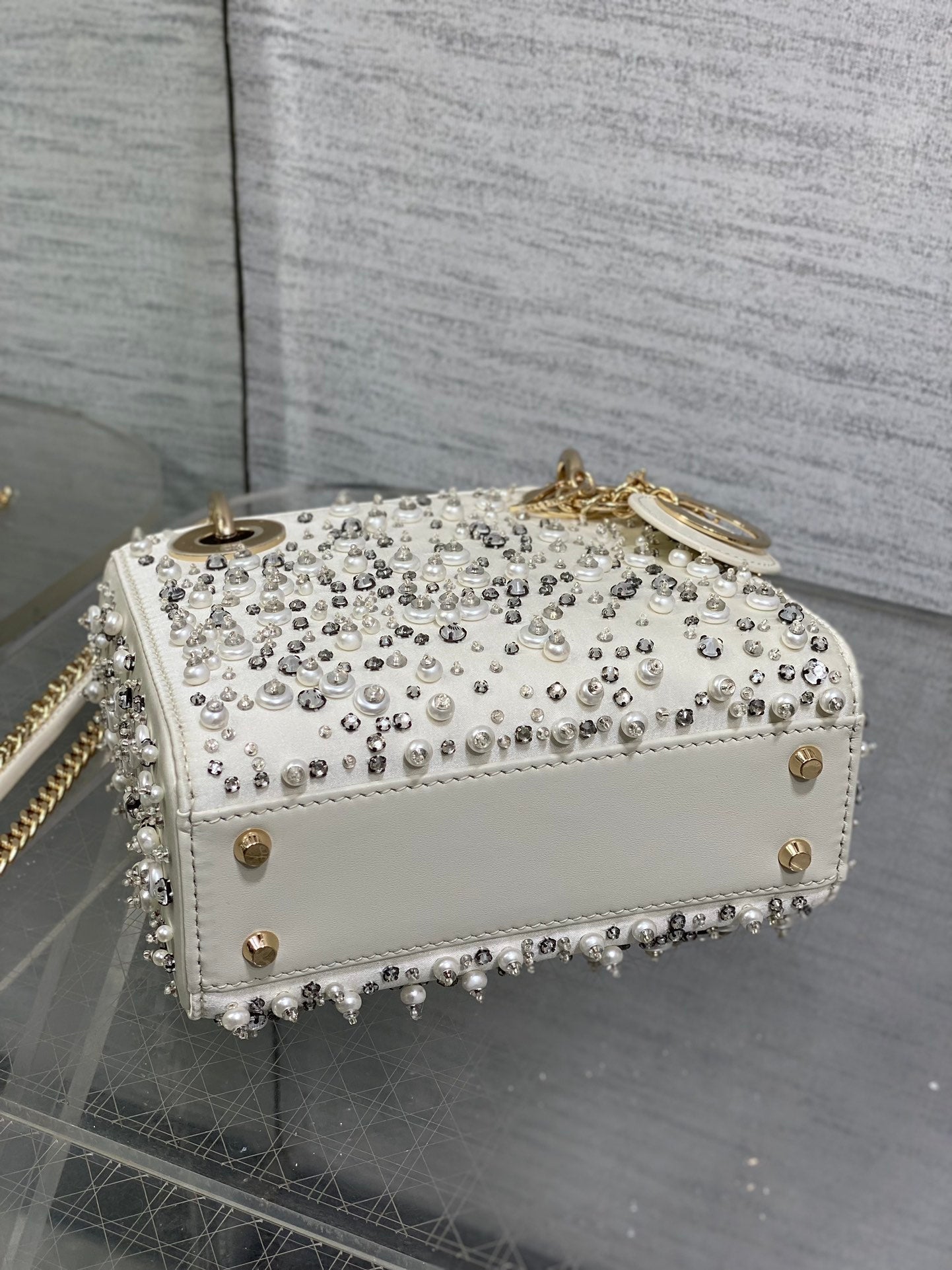 Luxury DiorLady 17cm White Canvas Diamond Embellished