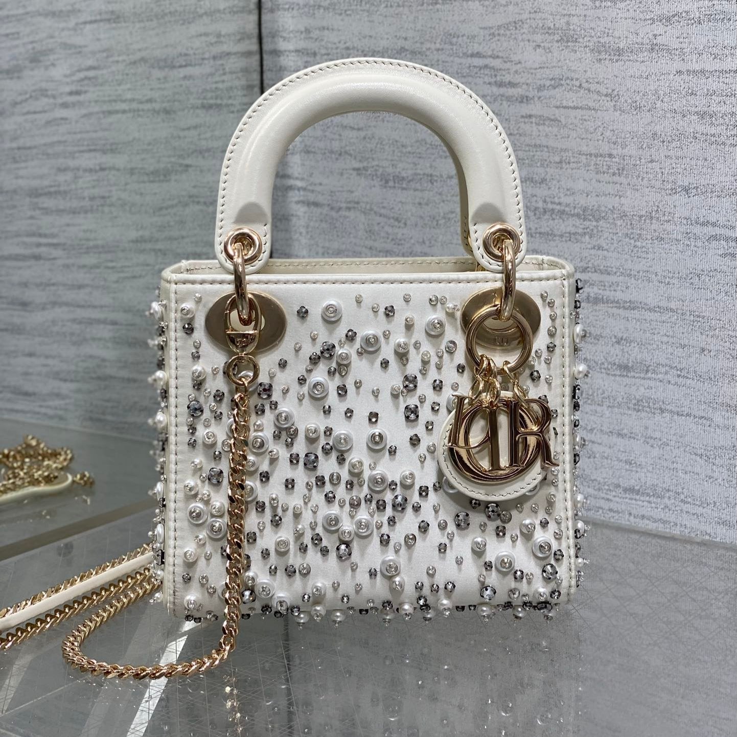 Luxury DiorLady 17cm White Canvas Diamond Embellished