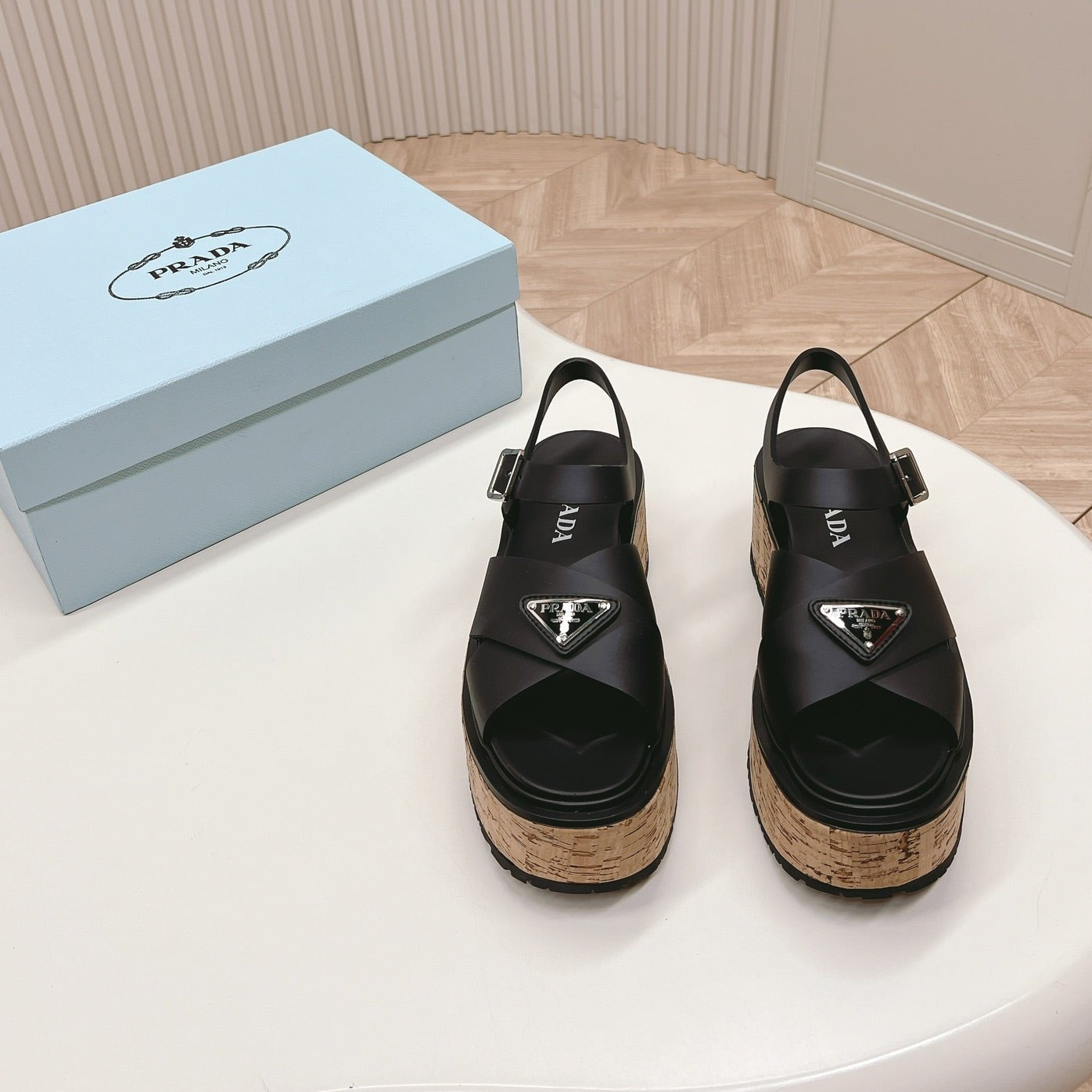 Luxury PradaWEDGE PLATFORM SANDALS BLACK CALFSKIN