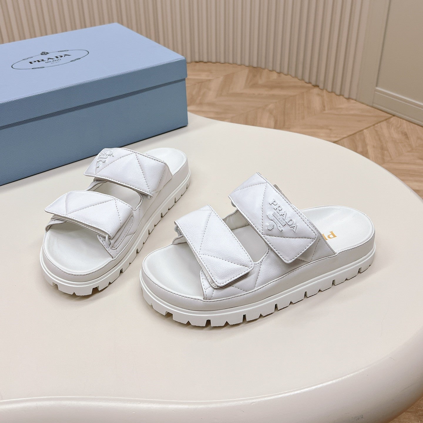 Luxury PradaDouble Strap Quilted Slide 20 White Calfskin