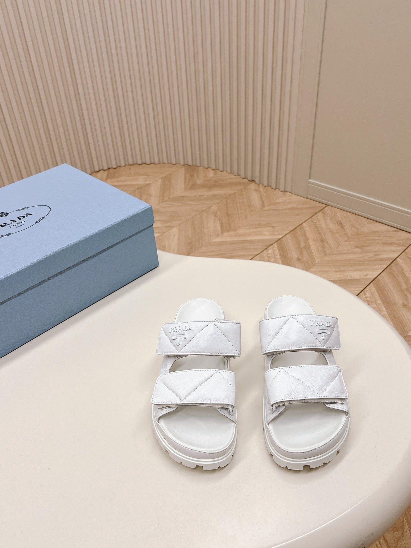 Luxury PradaDouble Strap Quilted Slide 20 White Calfskin