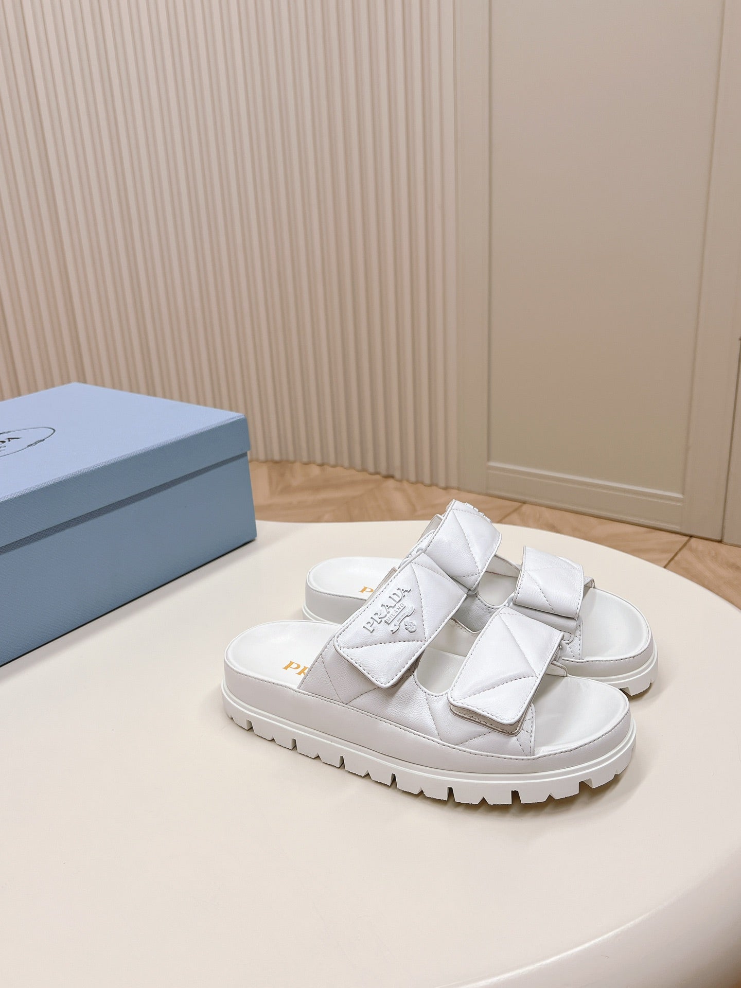 Luxury PradaDouble Strap Quilted Slide 20 White Calfskin