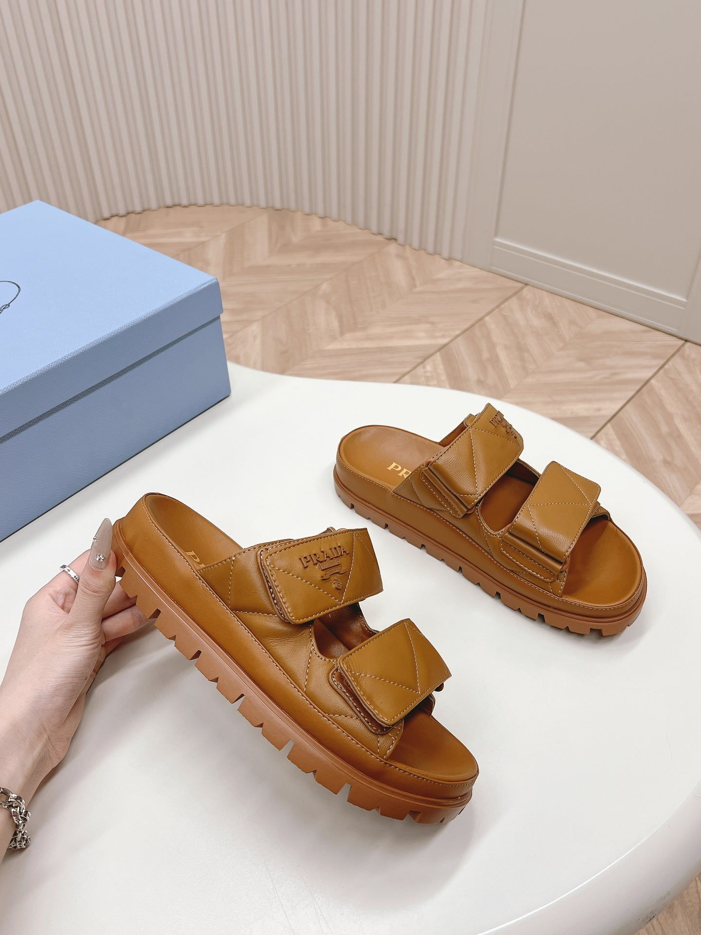 Luxury PradaDouble Strap Quilted Slide 20 Tan Calfskin