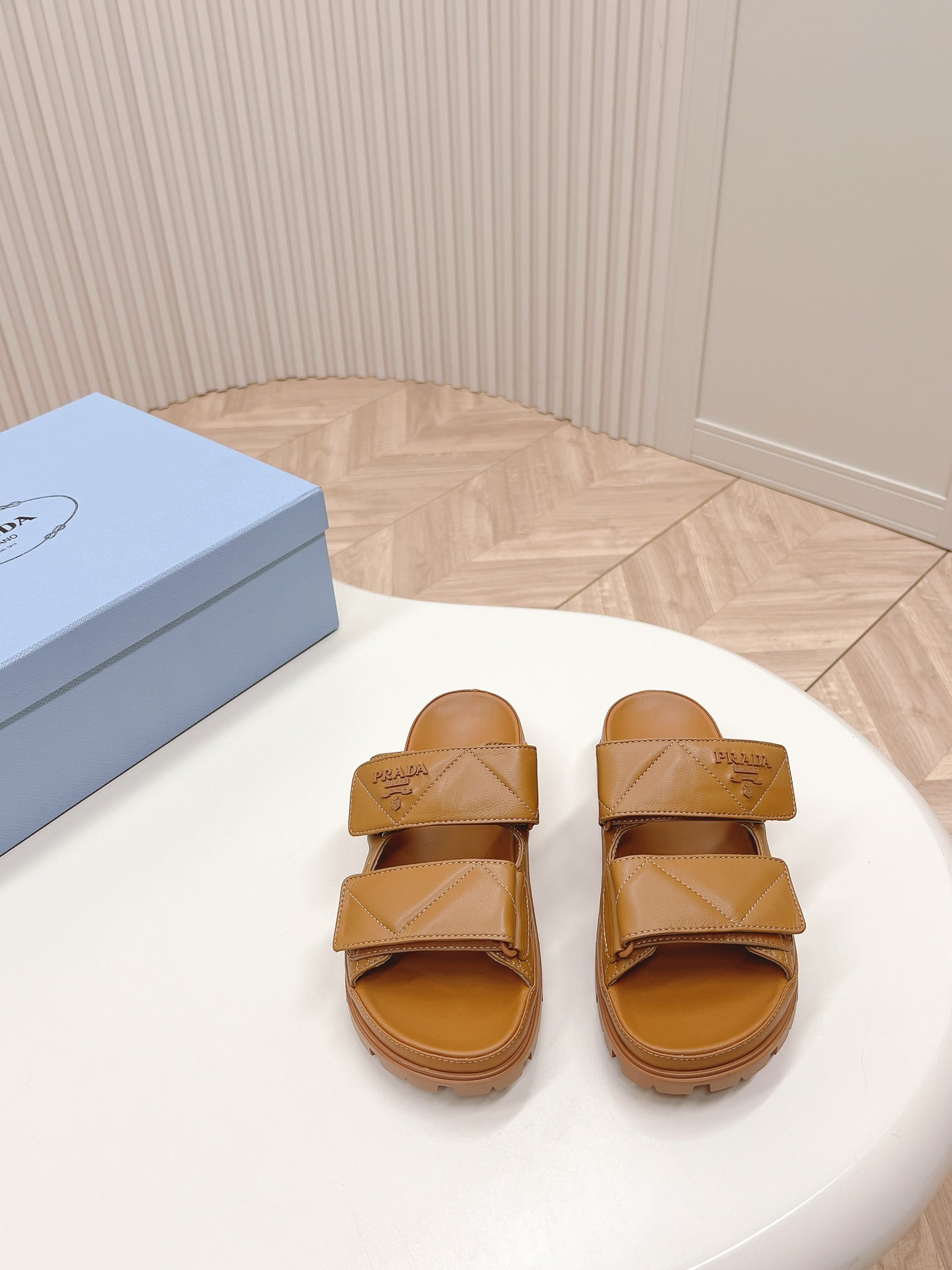 Luxury PradaDouble Strap Quilted Slide 20 Tan Calfskin
