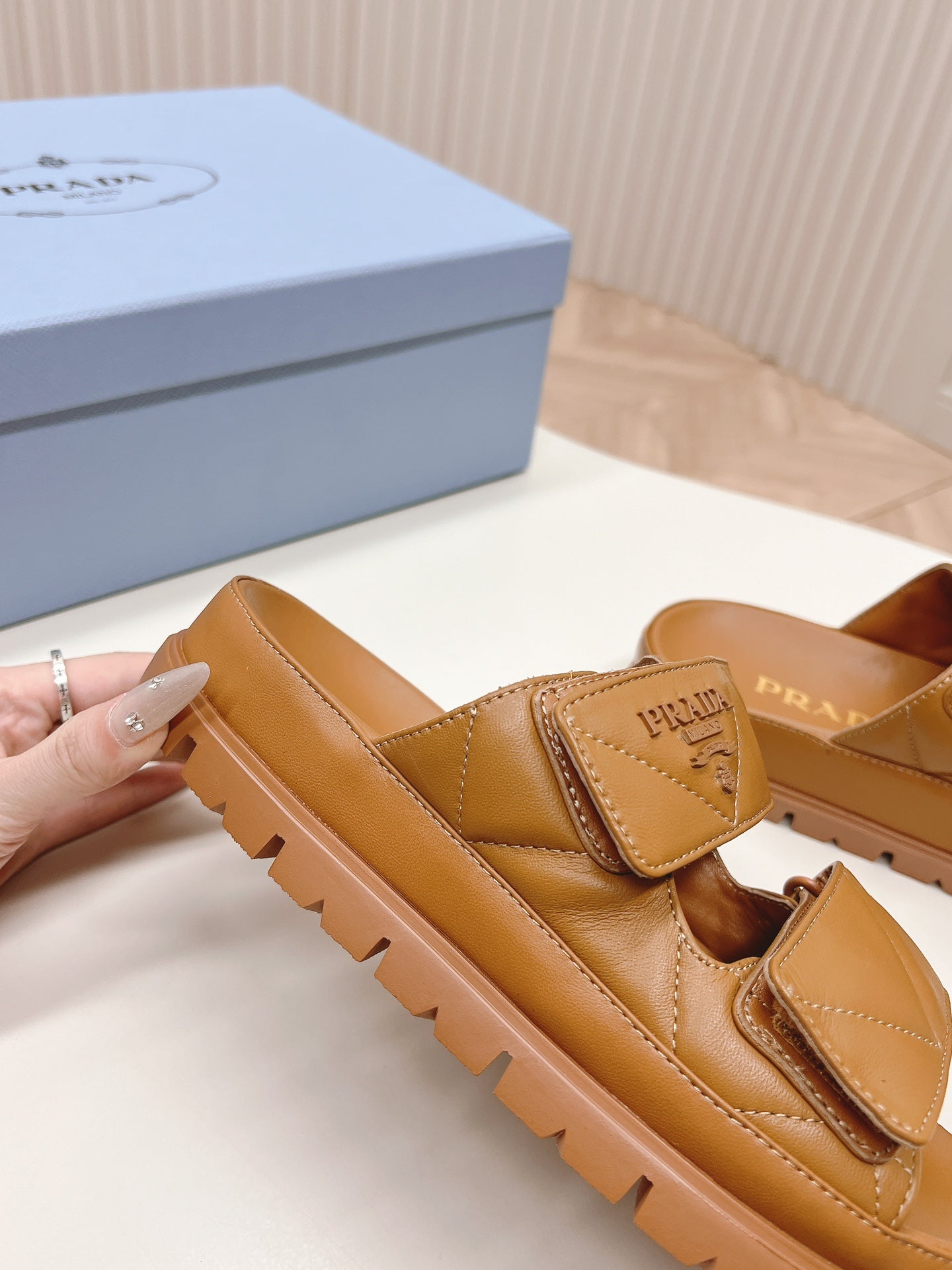 Luxury PradaDouble Strap Quilted Slide 20 Tan Calfskin