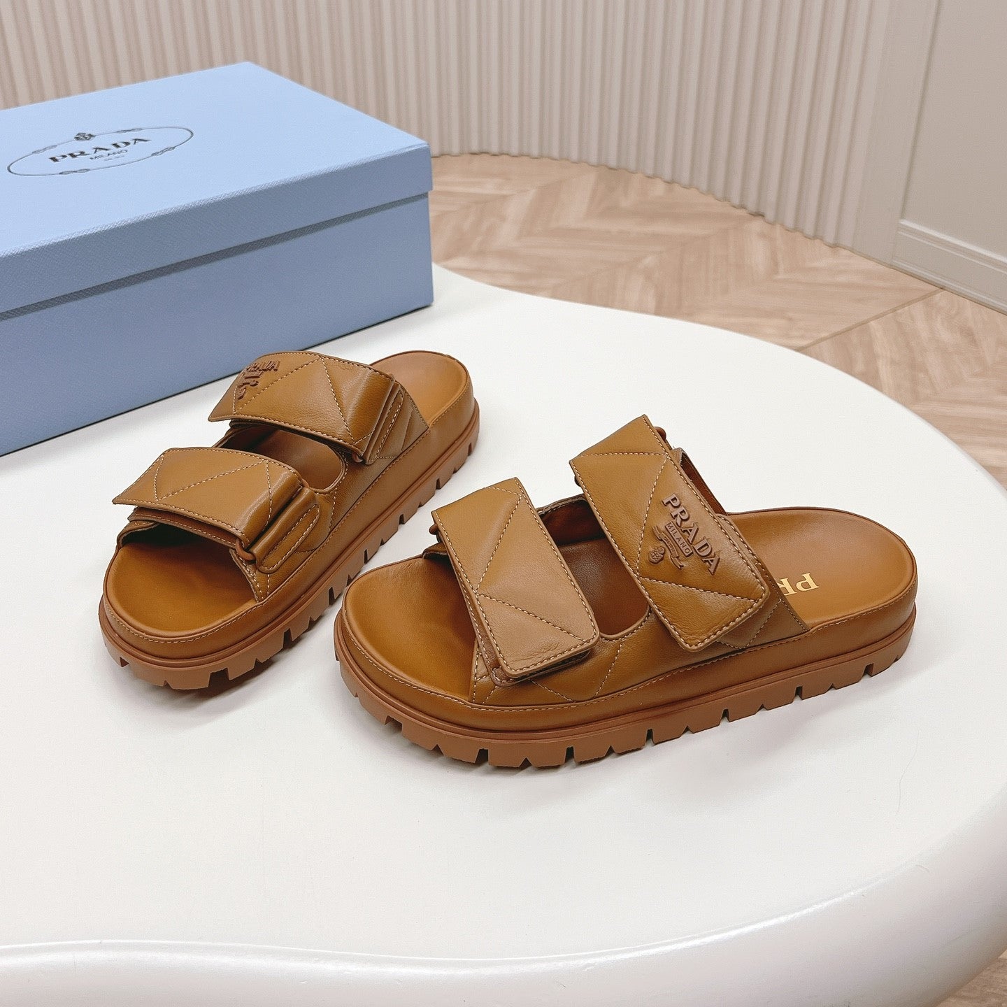 Luxury PradaDouble Strap Quilted Slide 20 Tan Calfskin