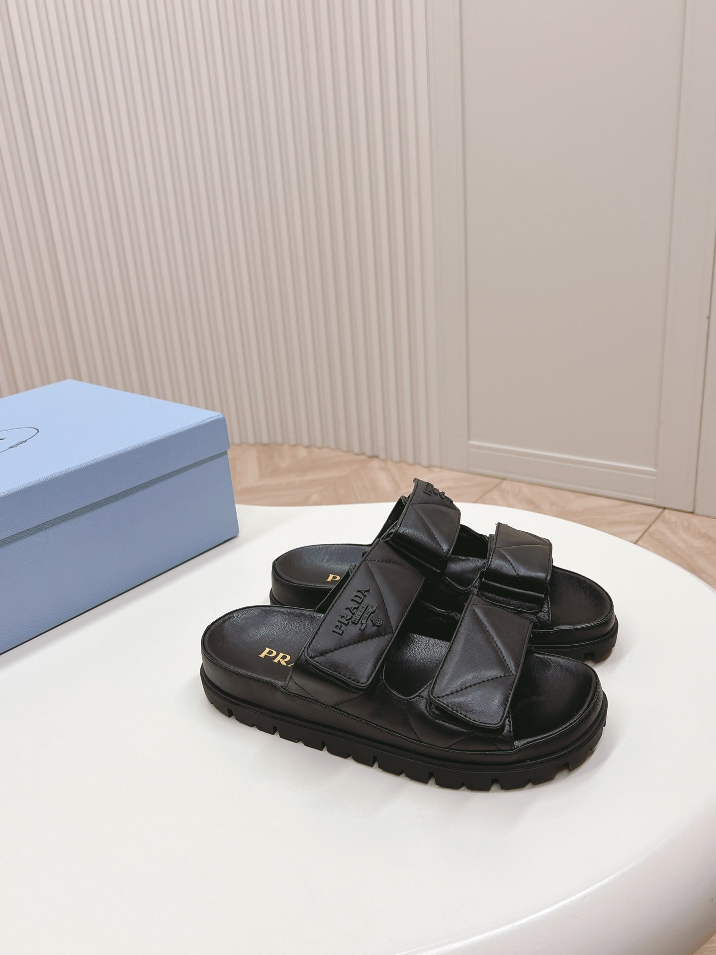 Luxury PradaDouble Strap Quilted Slide 20 Black Calfskin