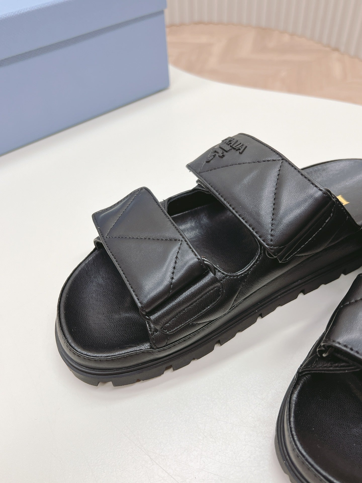 Luxury PradaDouble Strap Quilted Slide 20 Black Calfskin
