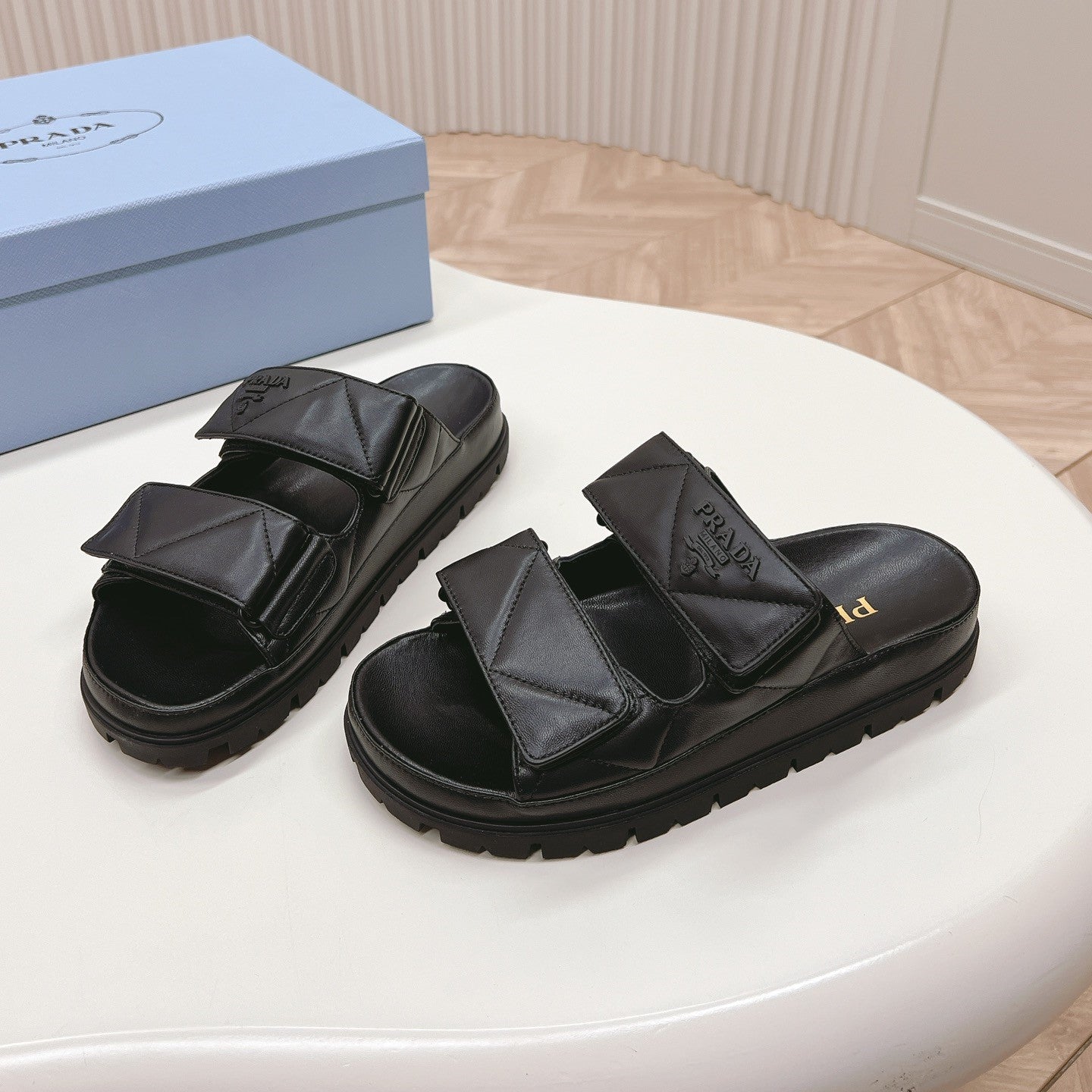 Luxury PradaDouble Strap Quilted Slide 20 Black Calfskin