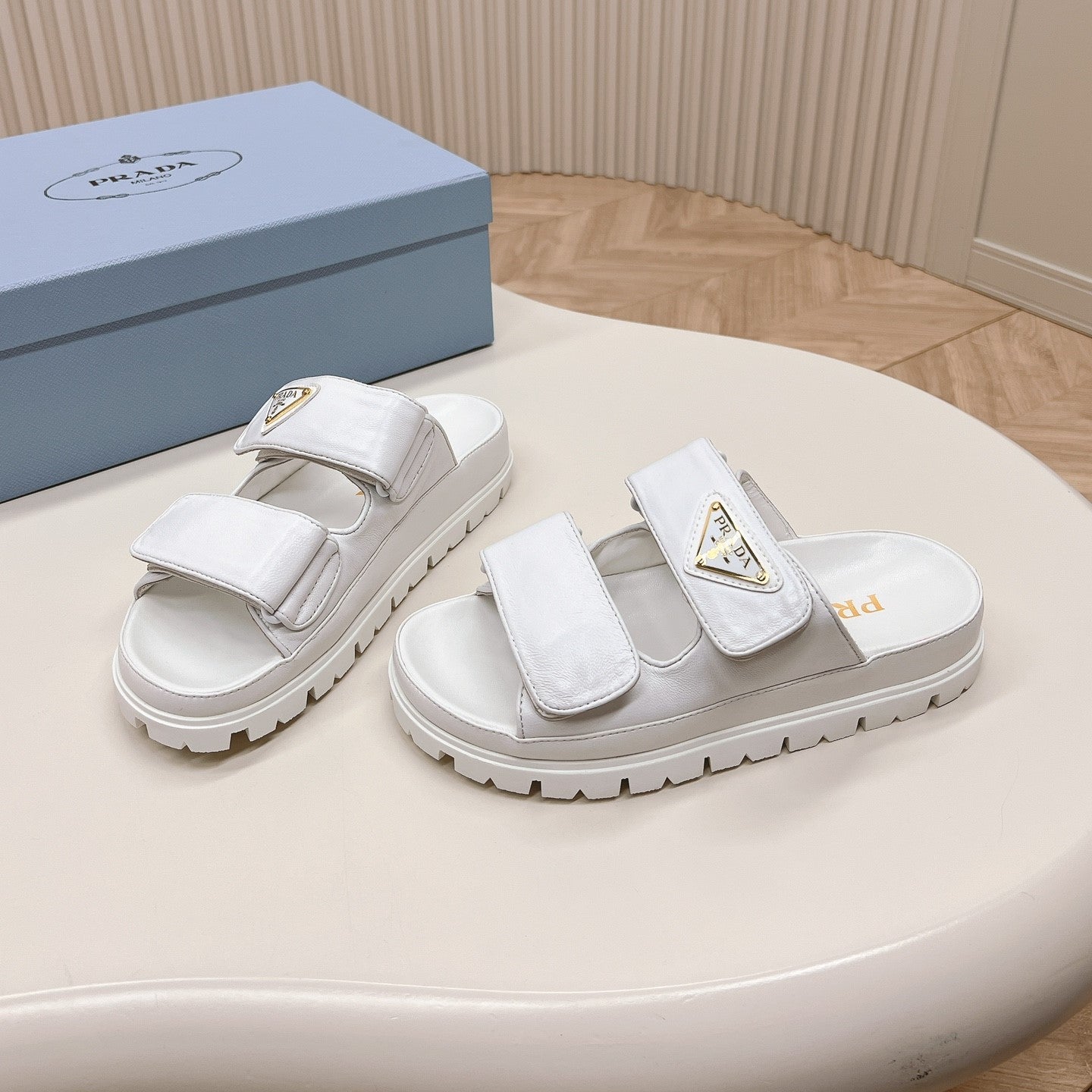 Luxury PradaDouble Strap Slide 20 With Triangle Logo White Calfskin