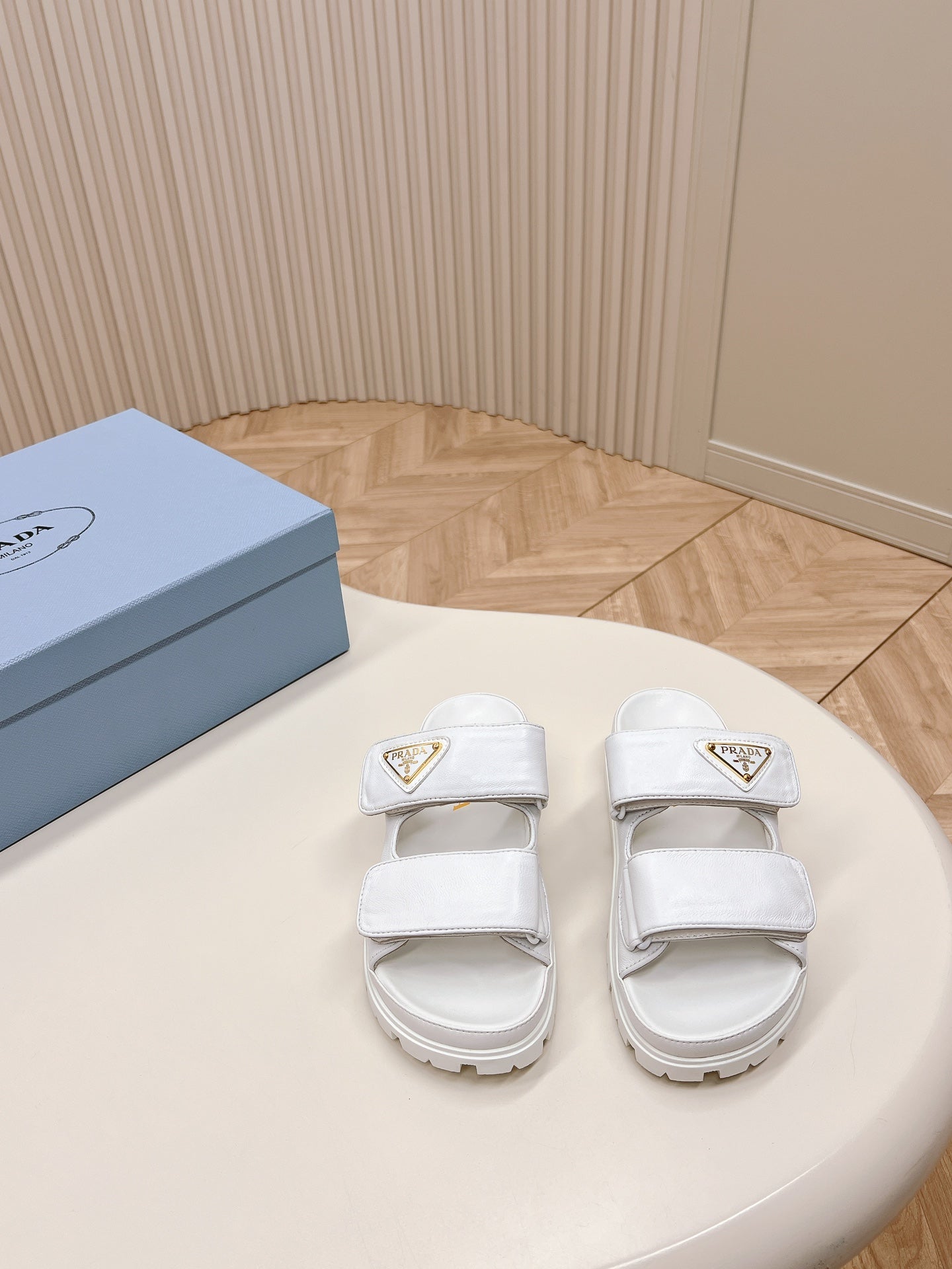 Luxury PradaDouble Strap Slide 20 With Triangle Logo White Calfskin