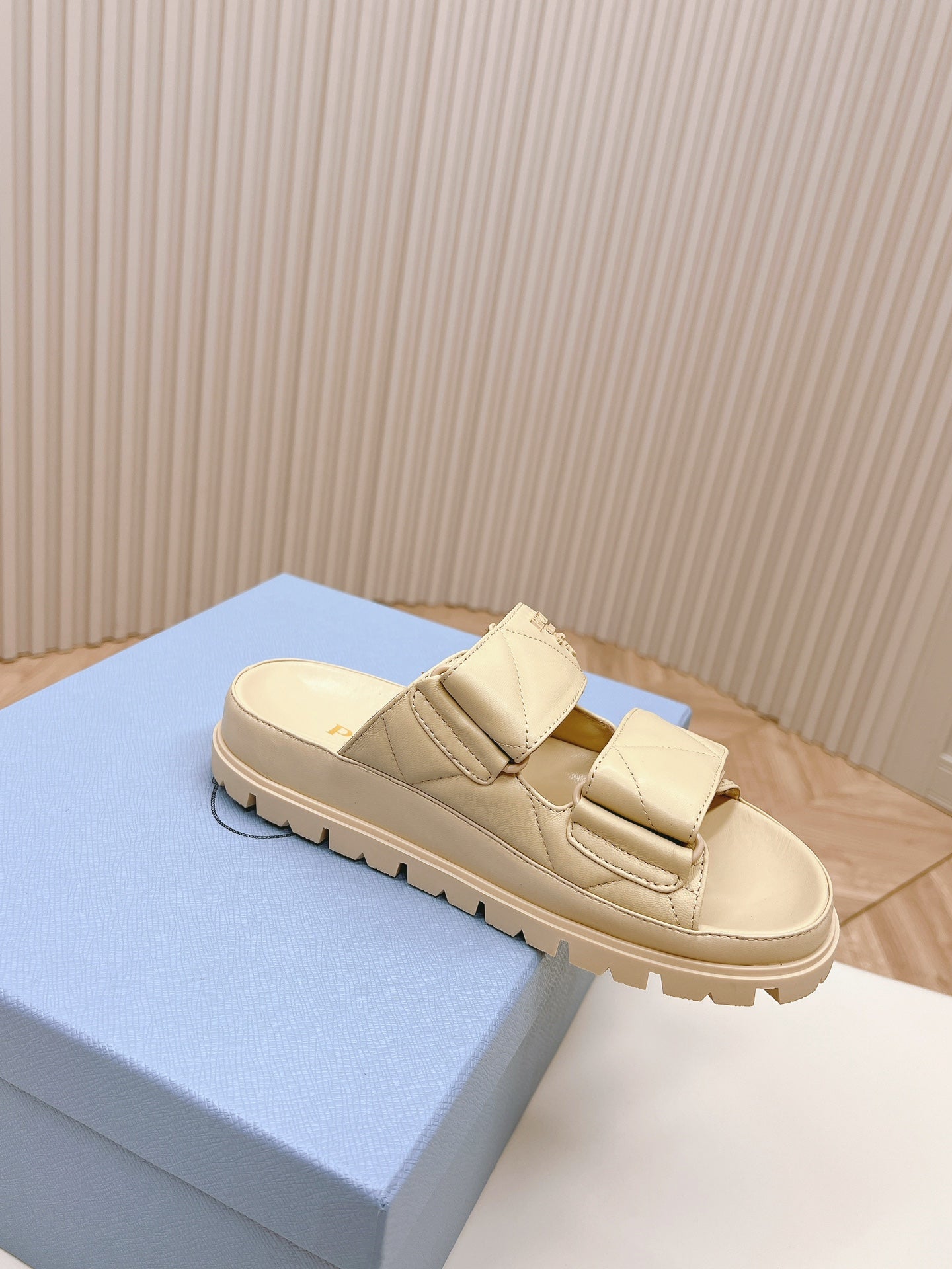 Luxury PradaDouble Strap Quilted Slide 20 Beige Calfskin