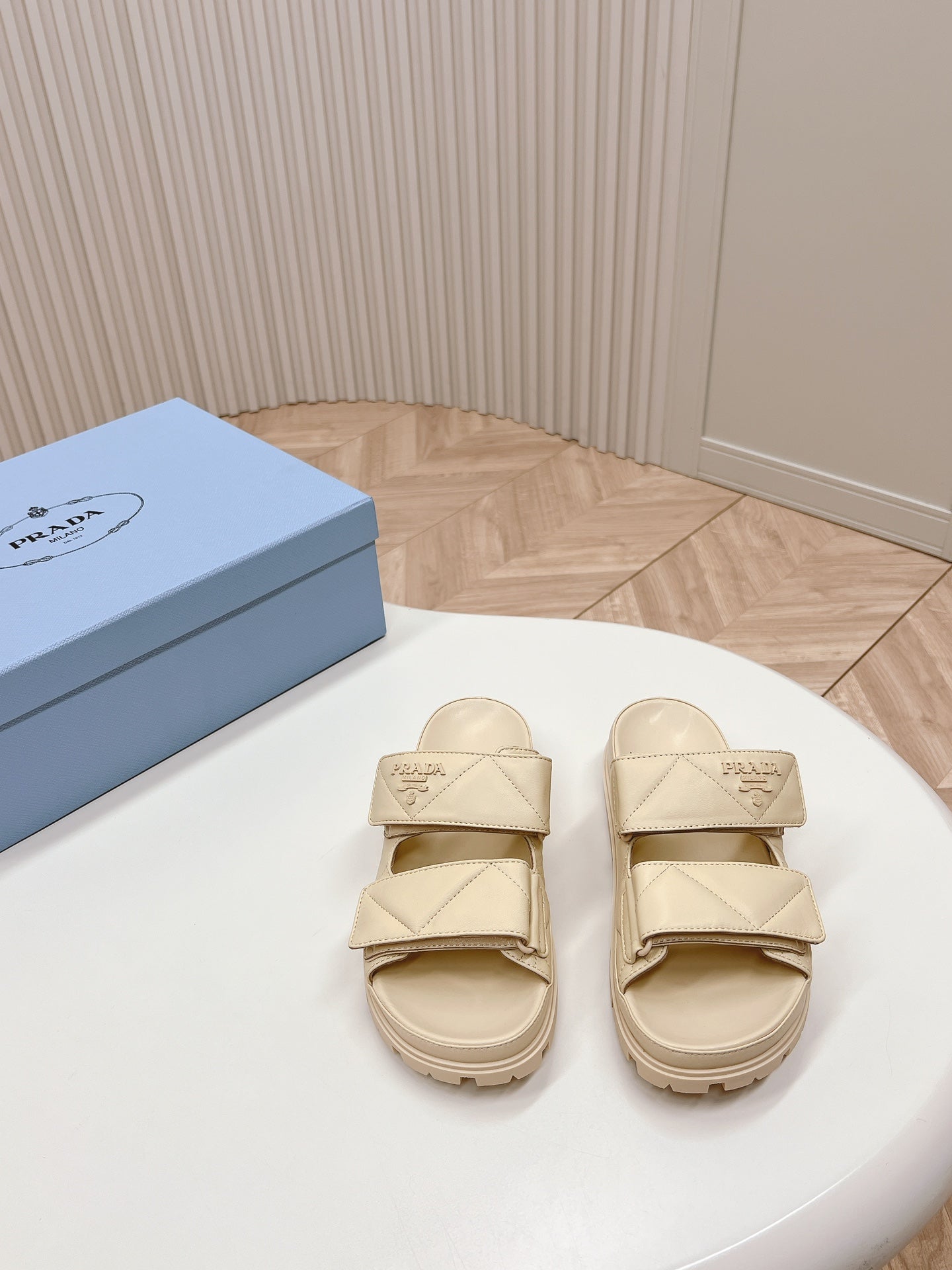 Luxury PradaDouble Strap Quilted Slide 20 Beige Calfskin