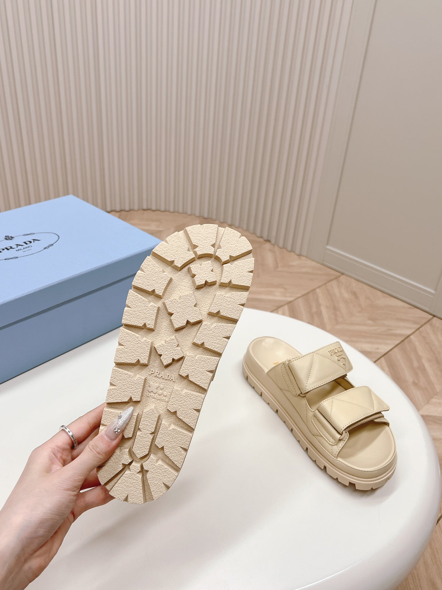Luxury PradaDouble Strap Quilted Slide 20 Beige Calfskin