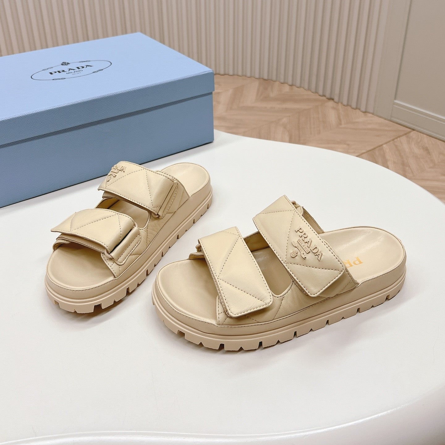 Luxury PradaDouble Strap Quilted Slide 20 Beige Calfskin