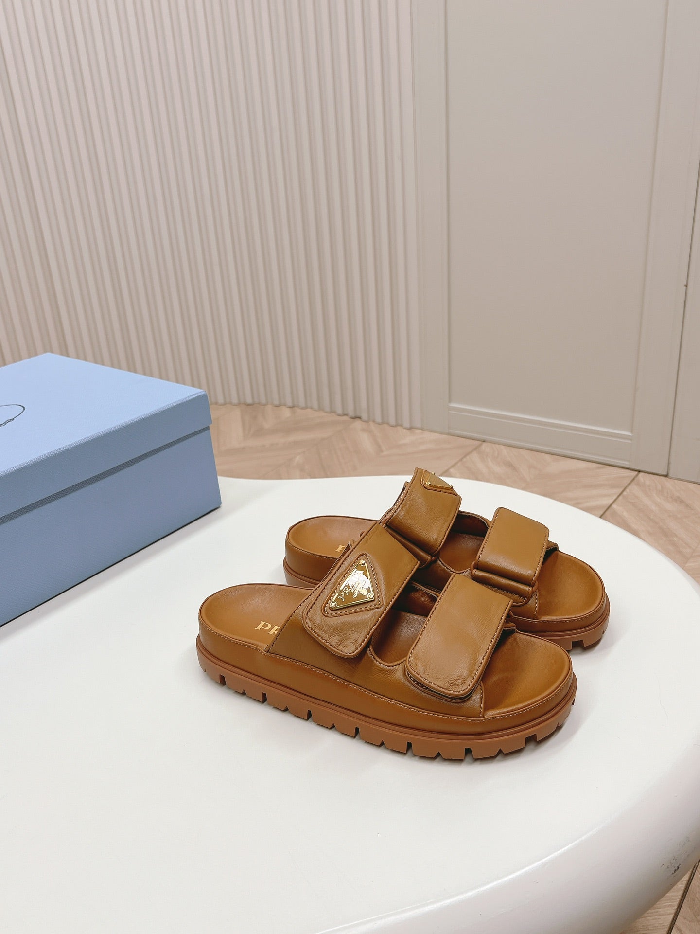 Luxury PradaDouble Strap Slide 20 With Triangle Logo Tan Calfskin
