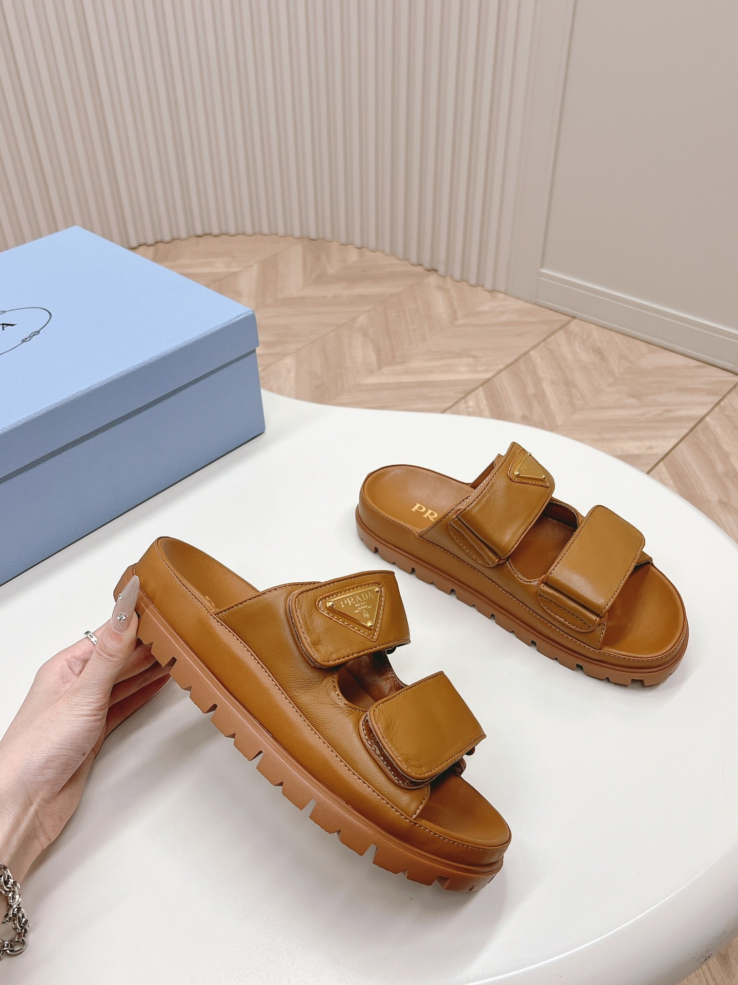 Luxury PradaDouble Strap Slide 20 With Triangle Logo Tan Calfskin