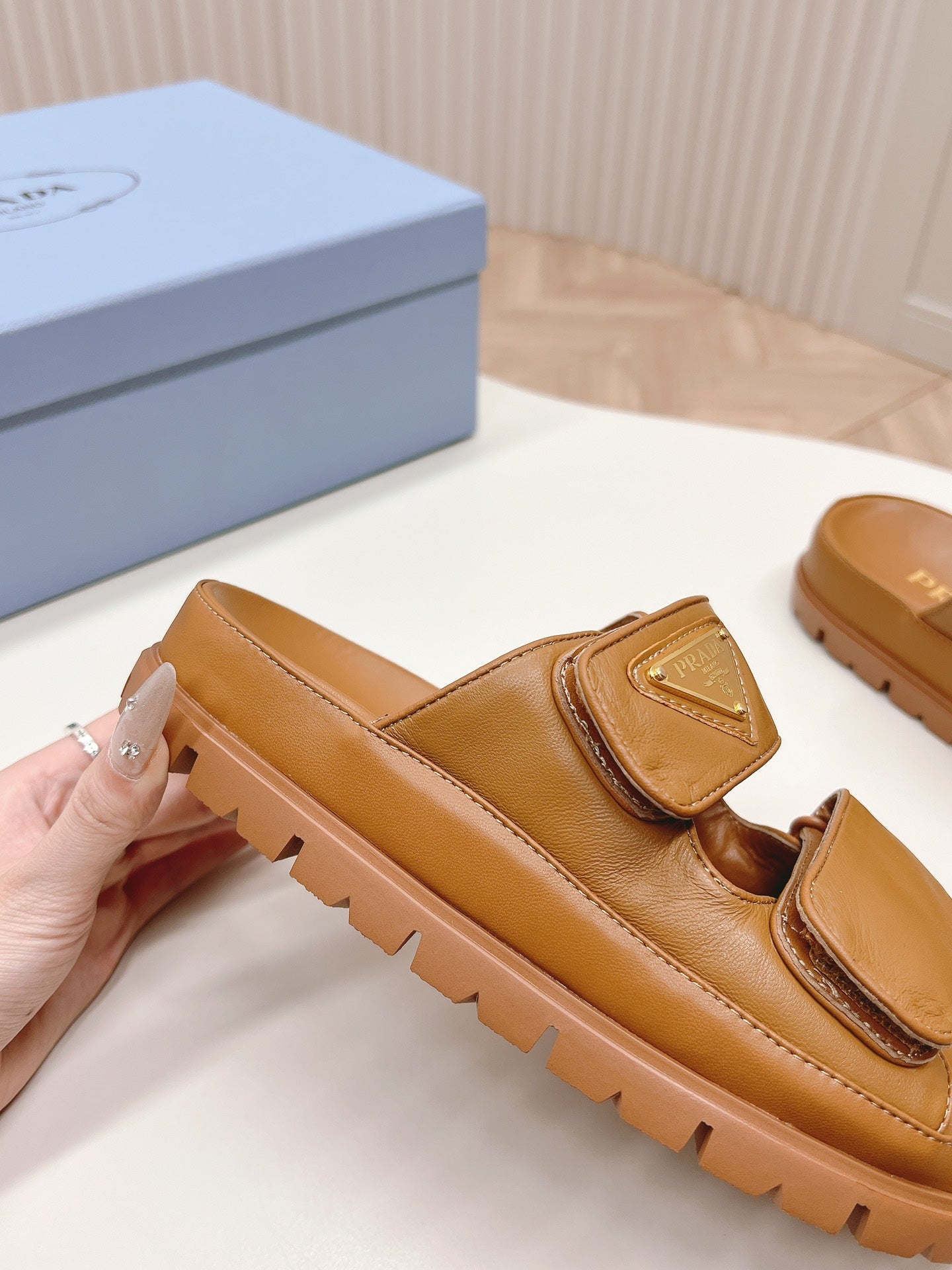 Luxury PradaDouble Strap Slide 20 With Triangle Logo Tan Calfskin