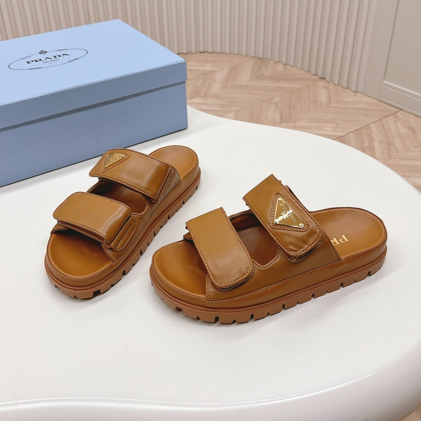 Luxury PradaDouble Strap Slide 20 With Triangle Logo Tan Calfskin