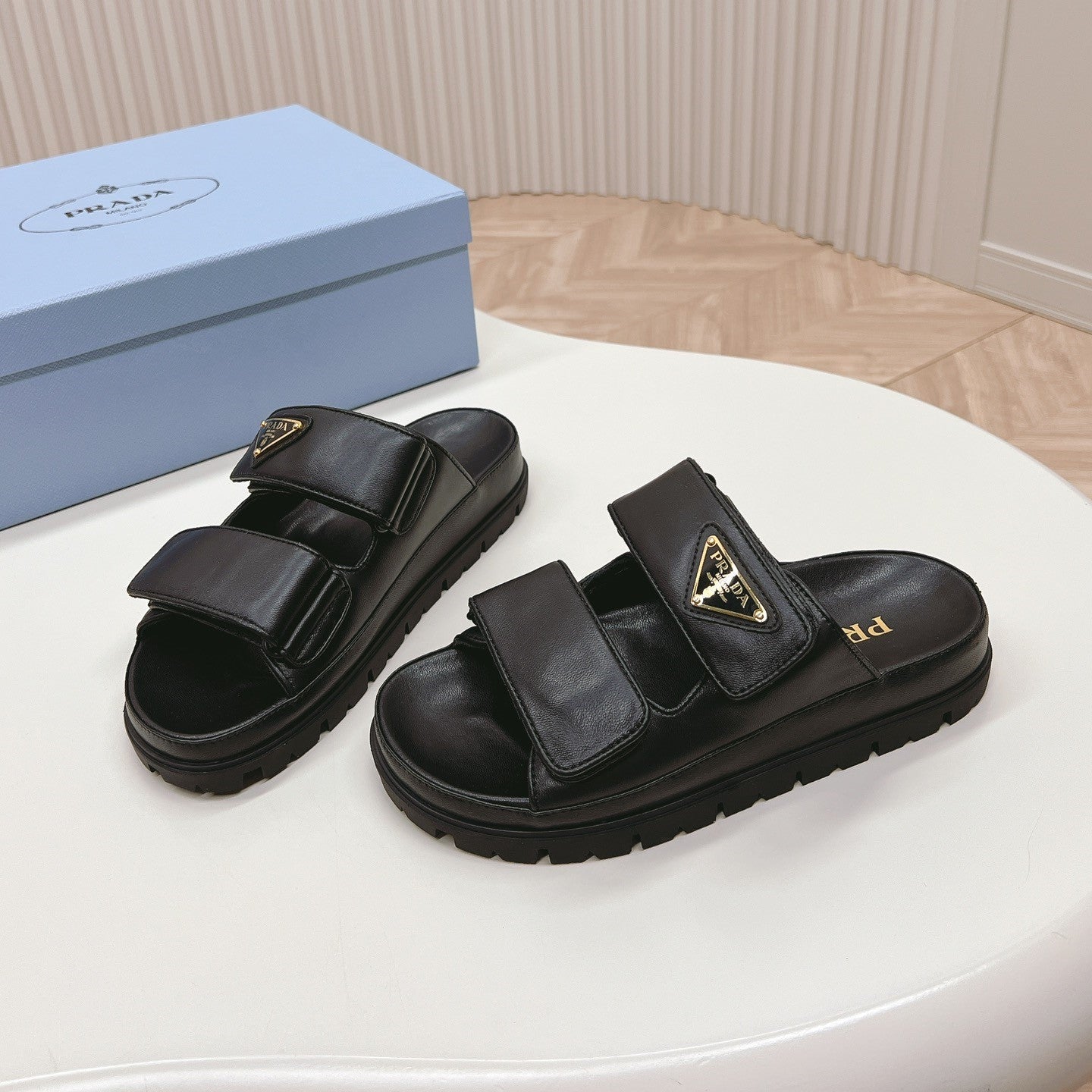 Luxury PradaDouble Strap Slide 20 With Triangle Logo Black Calfskin