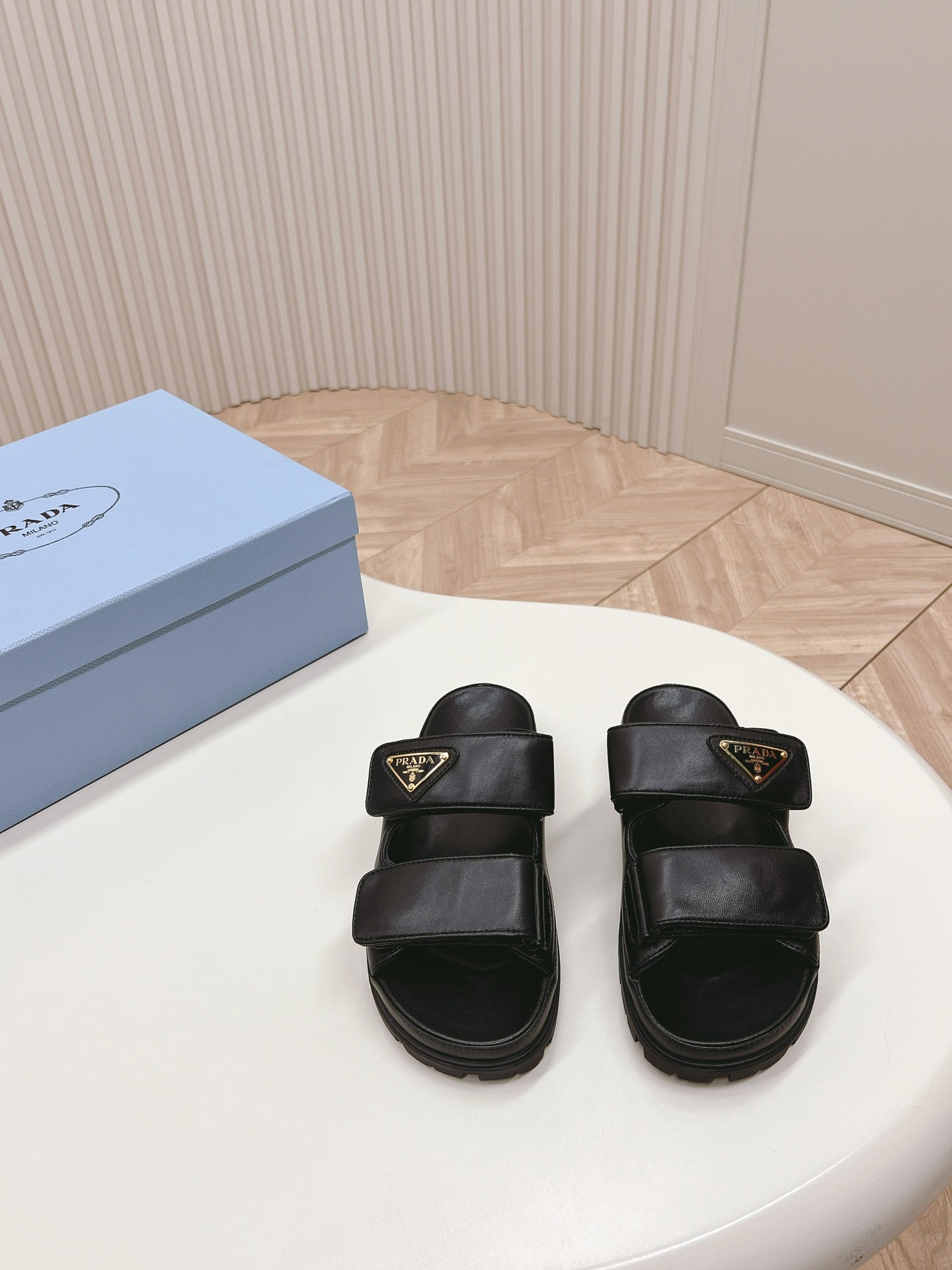 Luxury PradaDouble Strap Slide 20 With Triangle Logo Black Calfskin