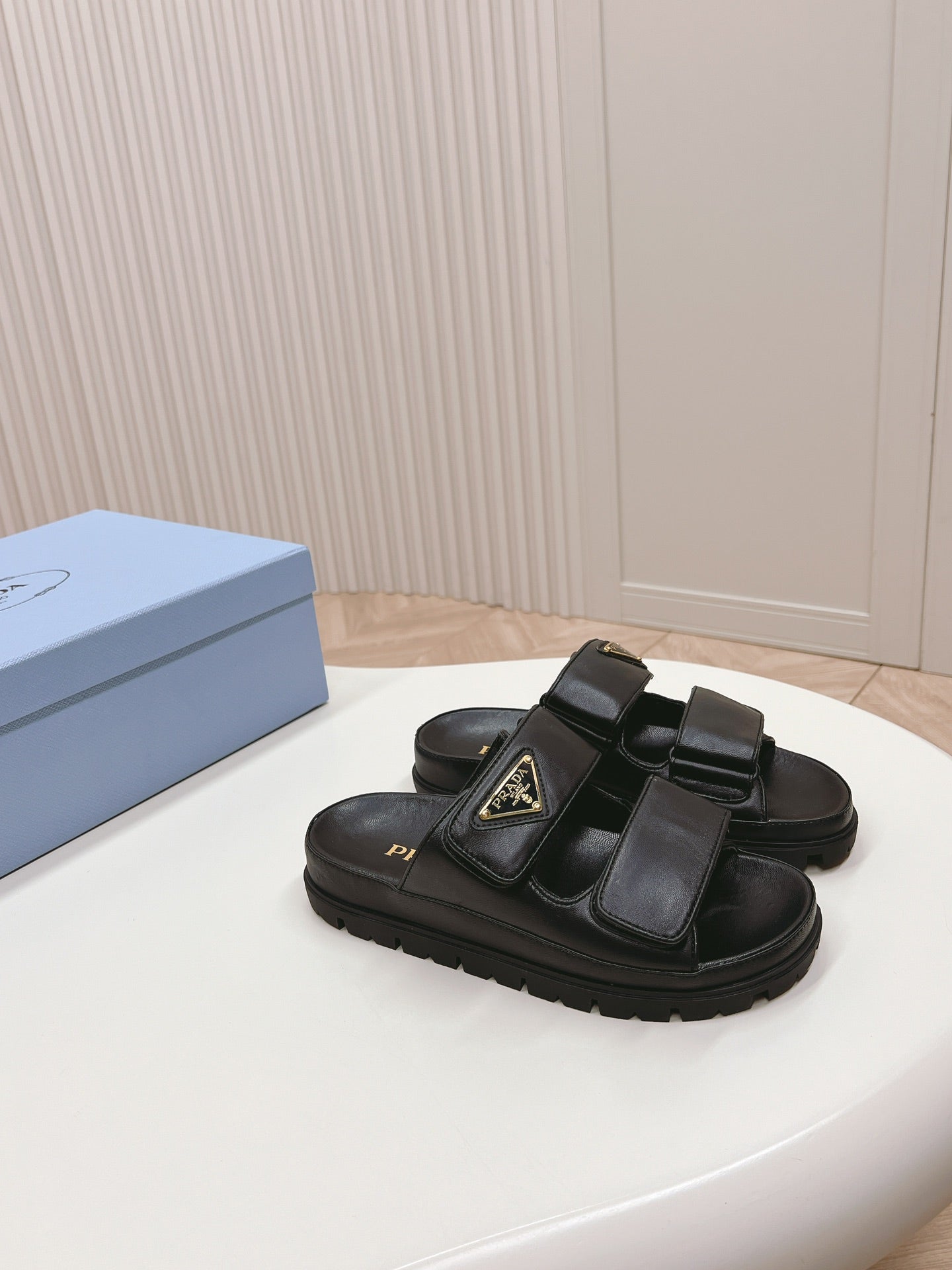 Luxury PradaDouble Strap Slide 20 With Triangle Logo Black Calfskin