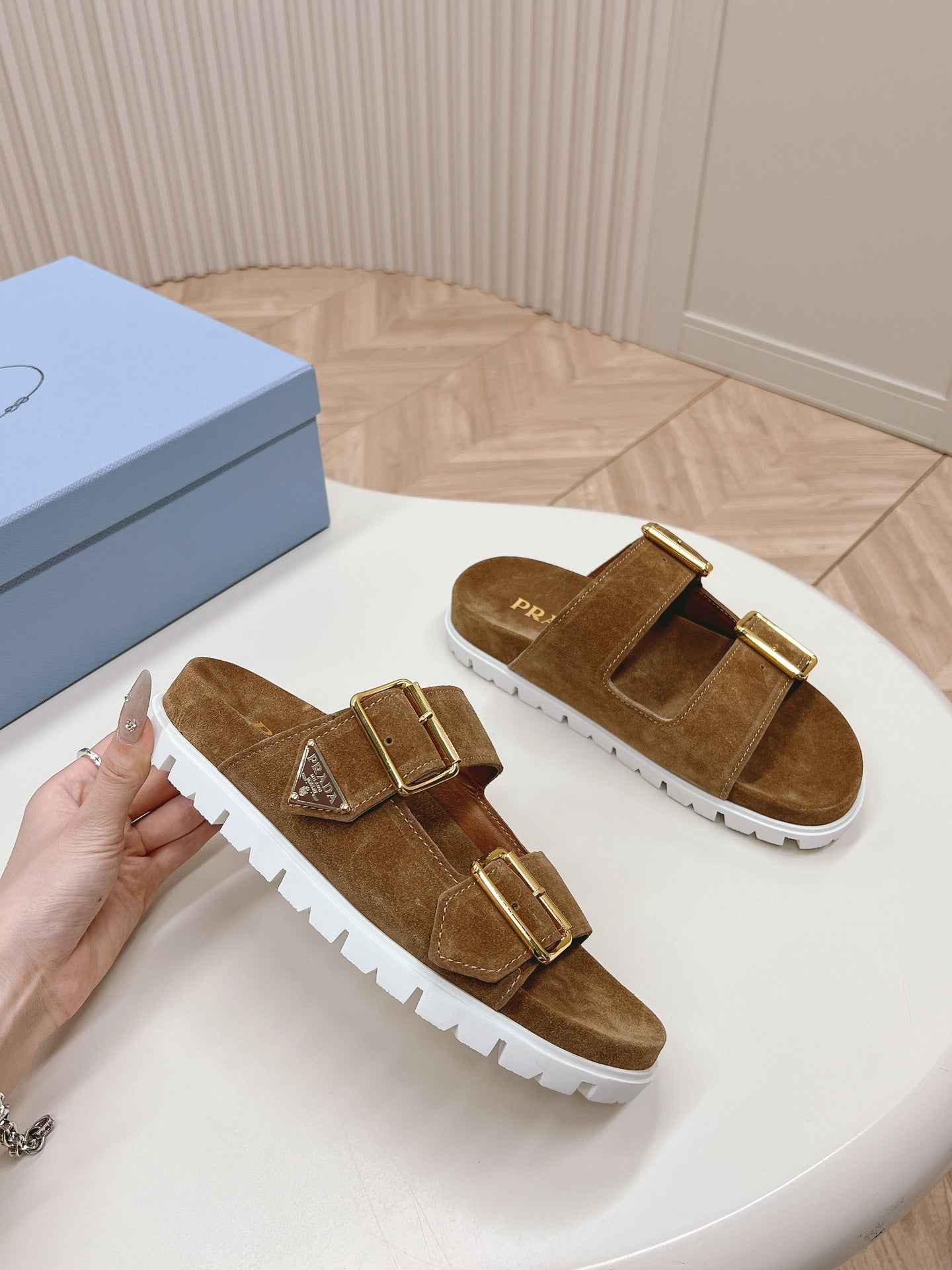 Luxury PradaDouble Buckle Strap Slides 20 Brown Suede