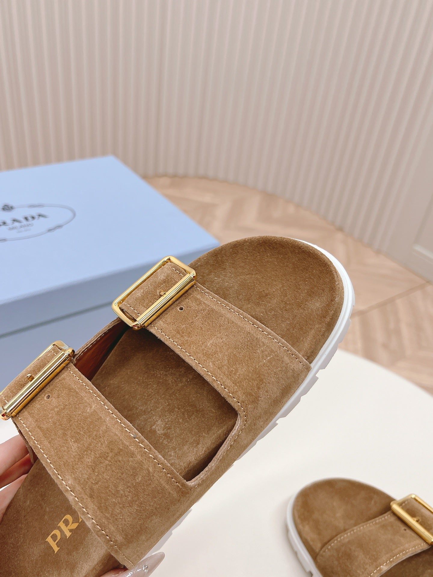 Luxury PradaDouble Buckle Strap Slides 20 Brown Suede