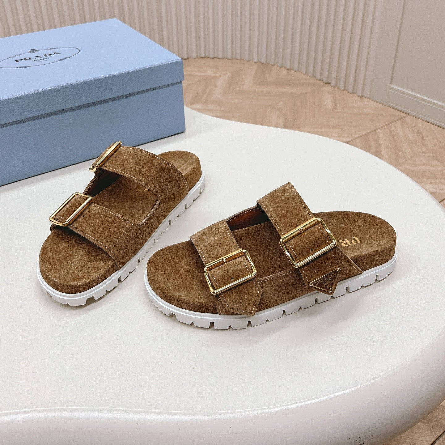 Luxury PradaDouble Buckle Strap Slides 20 Brown Suede