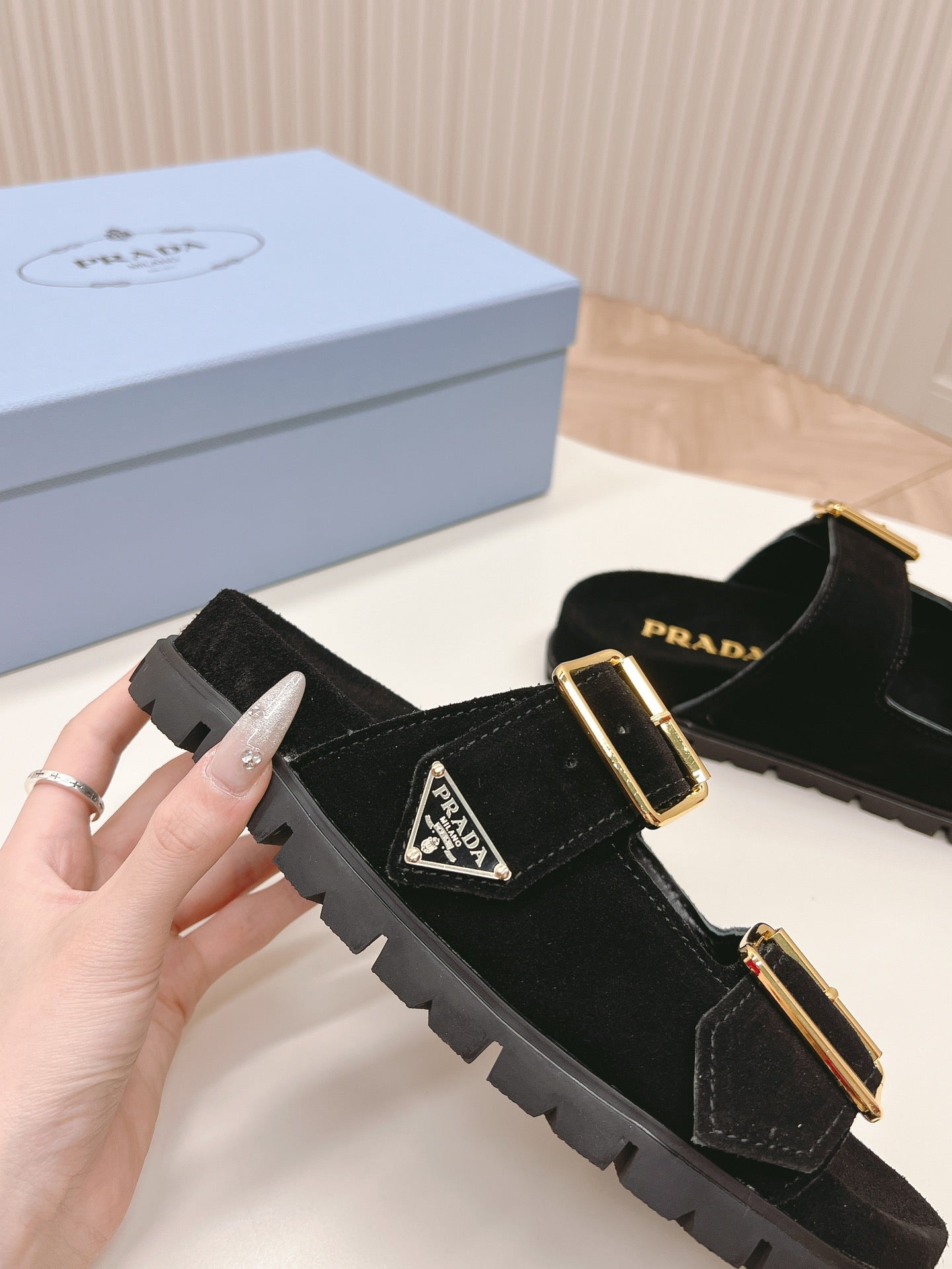 Luxury PradaDouble Buckle Strap Slides 20 Black Suede