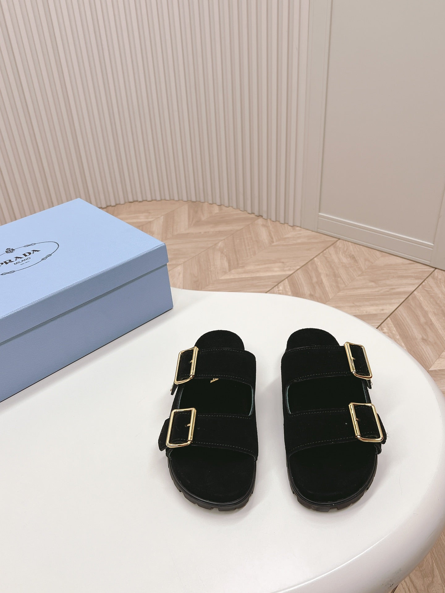 Luxury PradaDouble Buckle Strap Slides 20 Black Suede