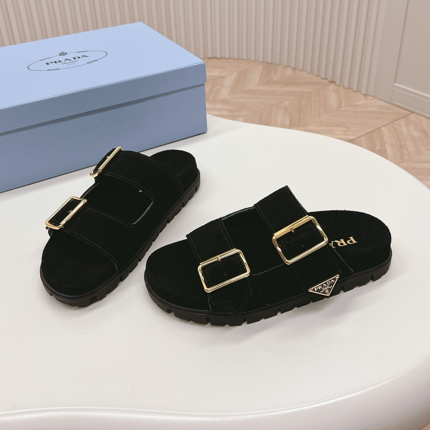 Luxury PradaDouble Buckle Strap Slides 20 Black Suede
