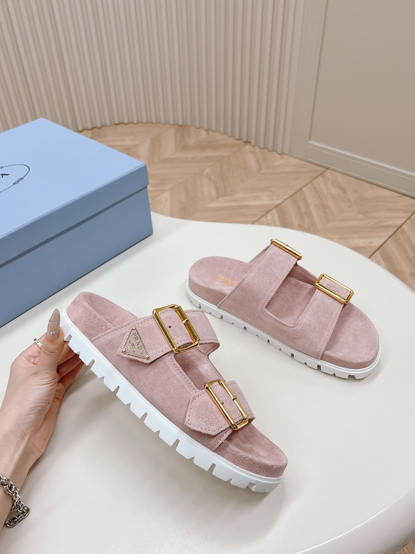 Luxury PradaDouble Buckle Strap Slides 20 Pink Suede