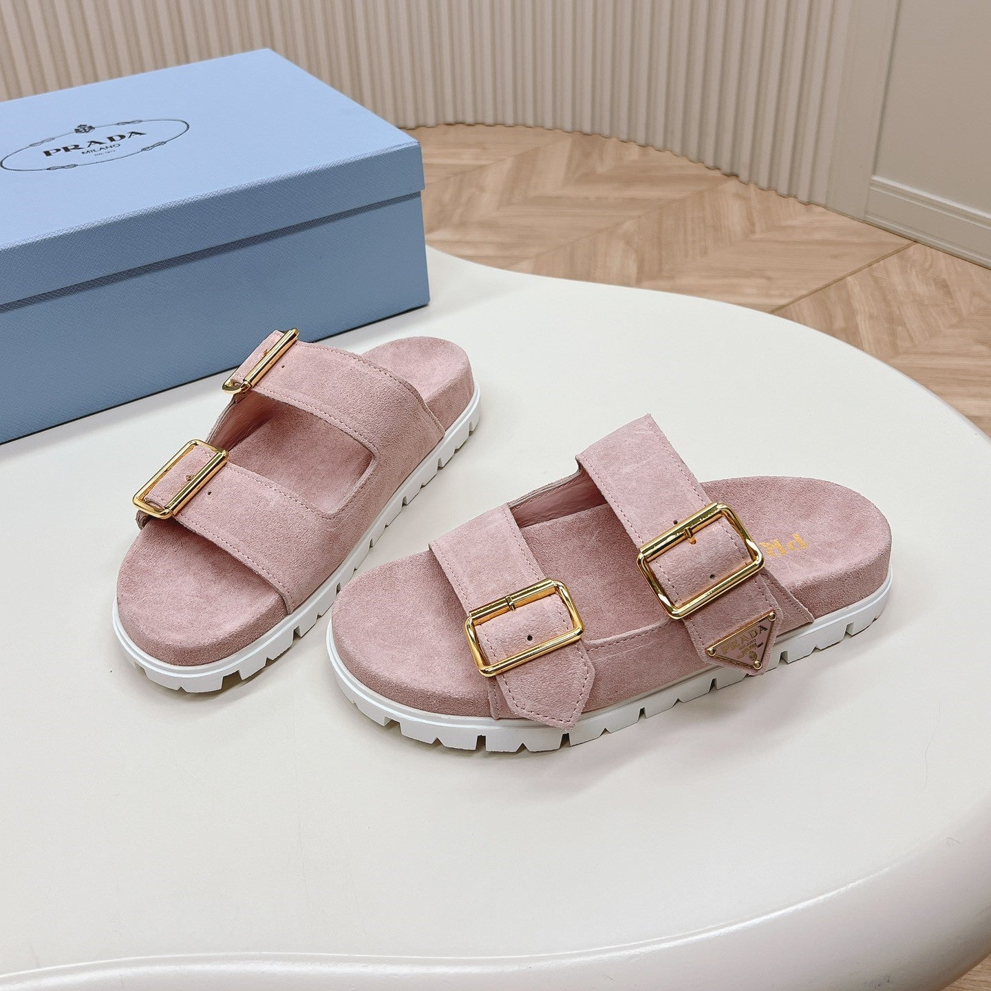 Luxury PradaDouble Buckle Strap Slides 20 Pink Suede