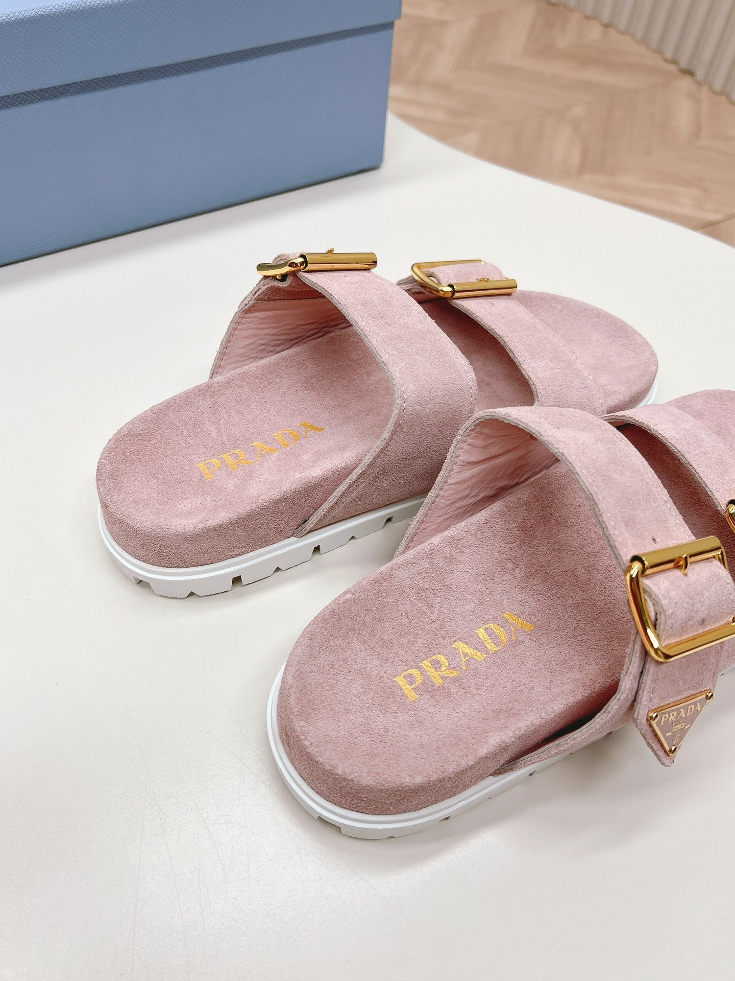 Luxury PradaDouble Buckle Strap Slides 20 Pink Suede