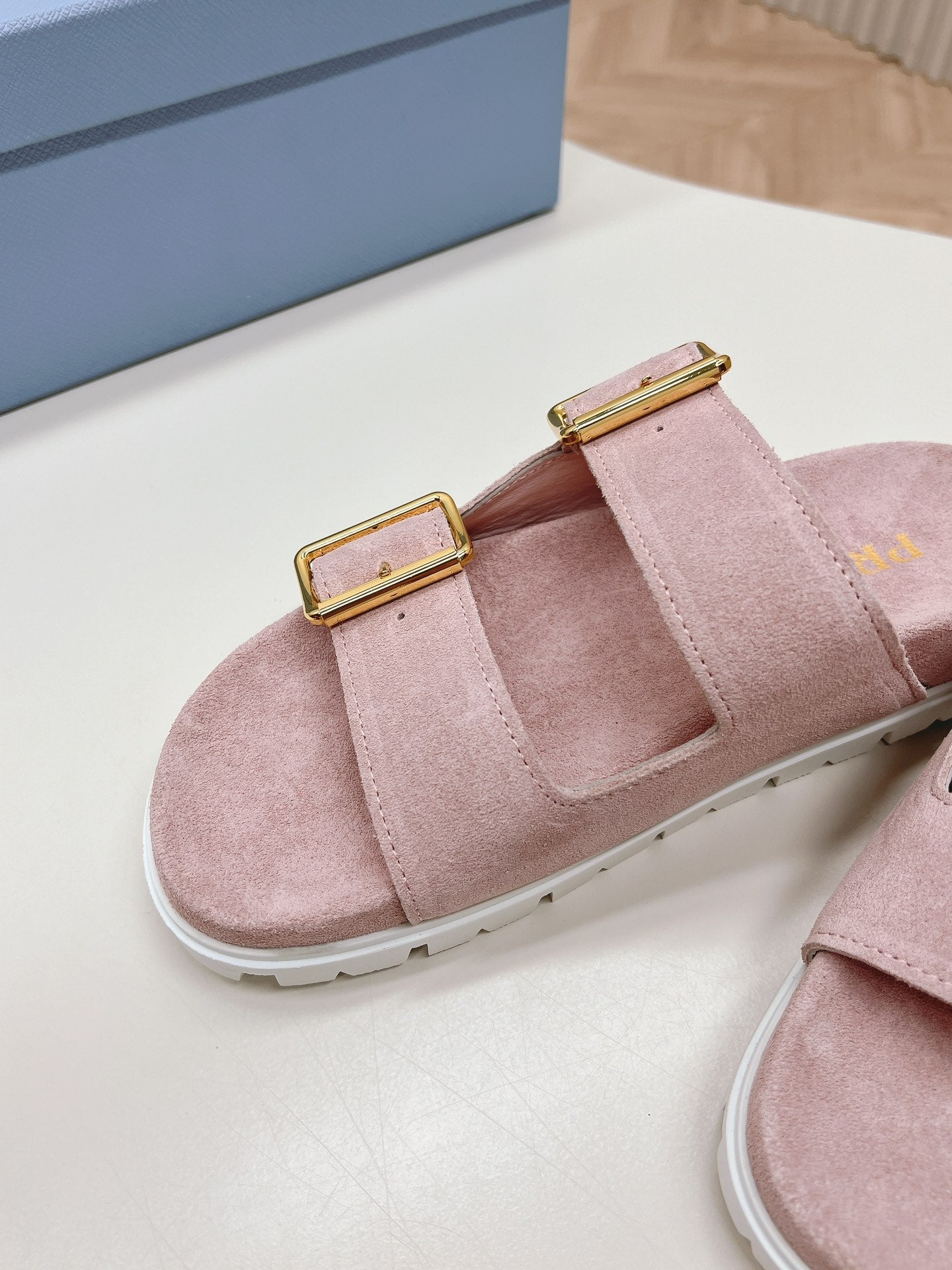 Luxury PradaDouble Buckle Strap Slides 20 Pink Suede