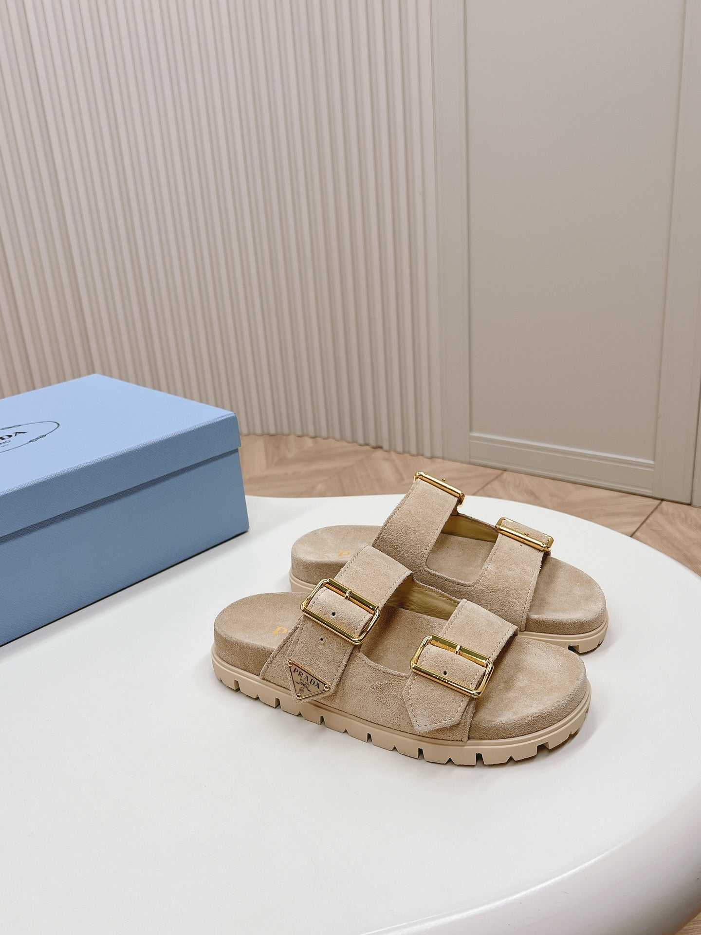 Luxury PradaDouble Buckle Strap Slides 20 Light Brown Suede