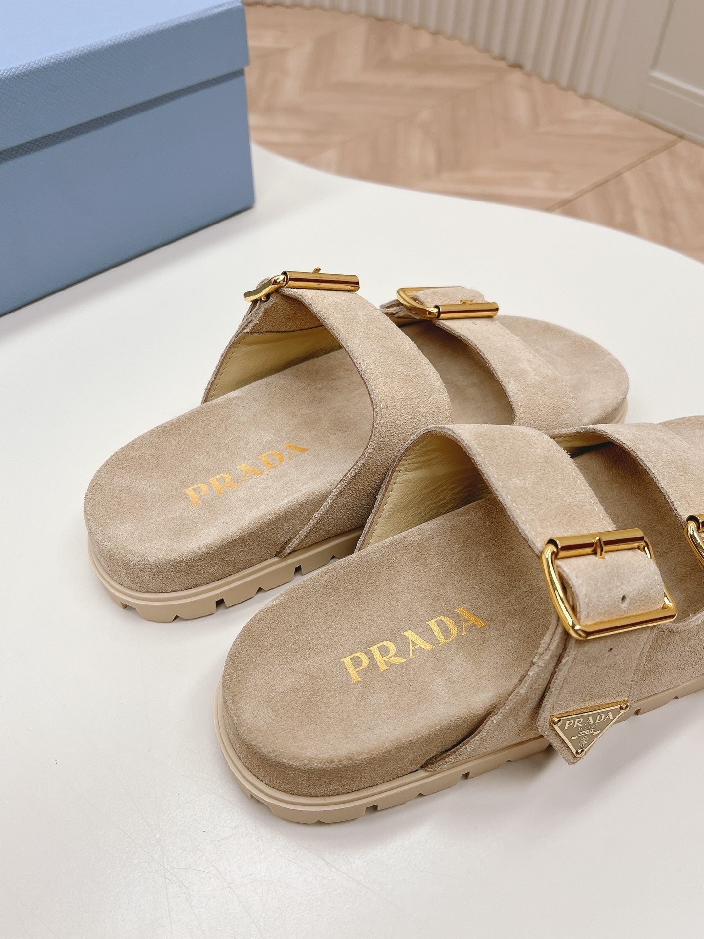 Luxury PradaDouble Buckle Strap Slides 20 Light Brown Suede