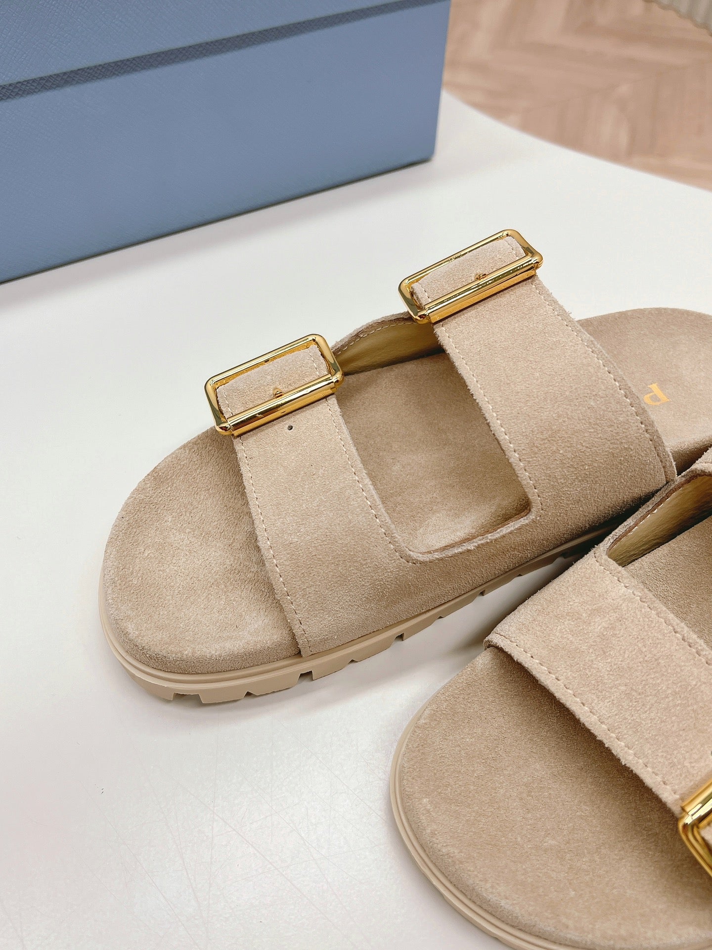 Luxury PradaDouble Buckle Strap Slides 20 Light Brown Suede