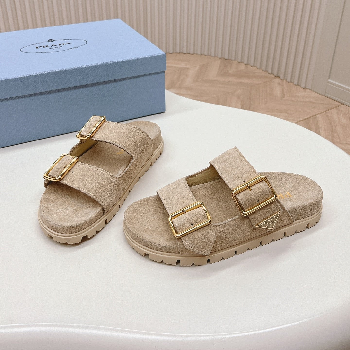 Luxury PradaDouble Buckle Strap Slides 20 Light Brown Suede